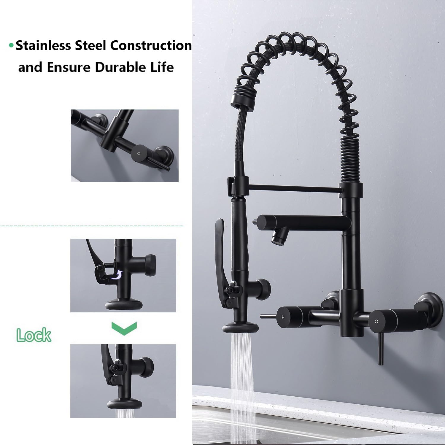 **8 Inch Wall Mount Kitchen Faucet with Pre-Rinse Sprayer & Pot Filler - High Arch Spring 2 Handle Commercial Faucet in Black - Perfect for Restaurants, Food Trucks & Home Kitchens**