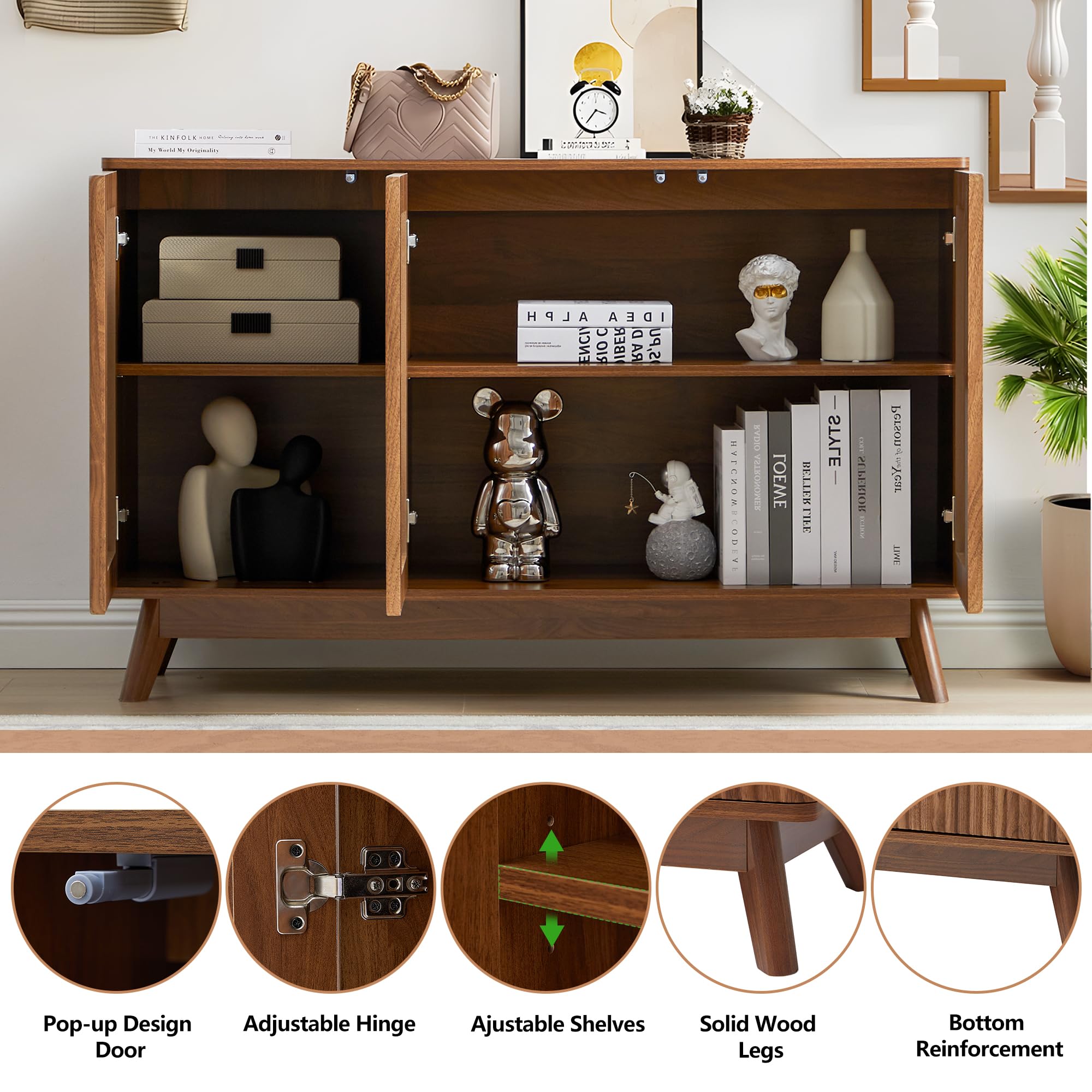 Mid Century Walnut Sideboard Cabinet - Farmhouse Fluted Credenza with 3 Doors, Long Buffet Storage for Kitchen, Dining Room, Living Room & Office | Perfect for TV Stand, Coffee Bar & Entryway Organization