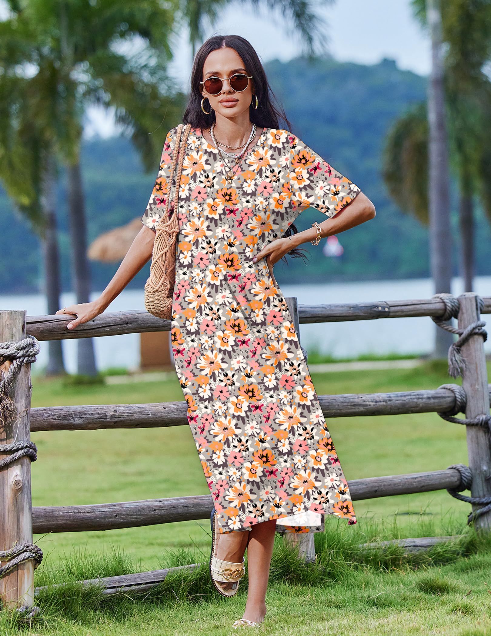 Zeagoo Women's Floral Print Summer Dress - Casual Beach T-Shirt Dress with Side Slit, Long Vacation Travel Dress for 2025 | Perfect for Beach Outings, Summer Vacations & Casual Wear
