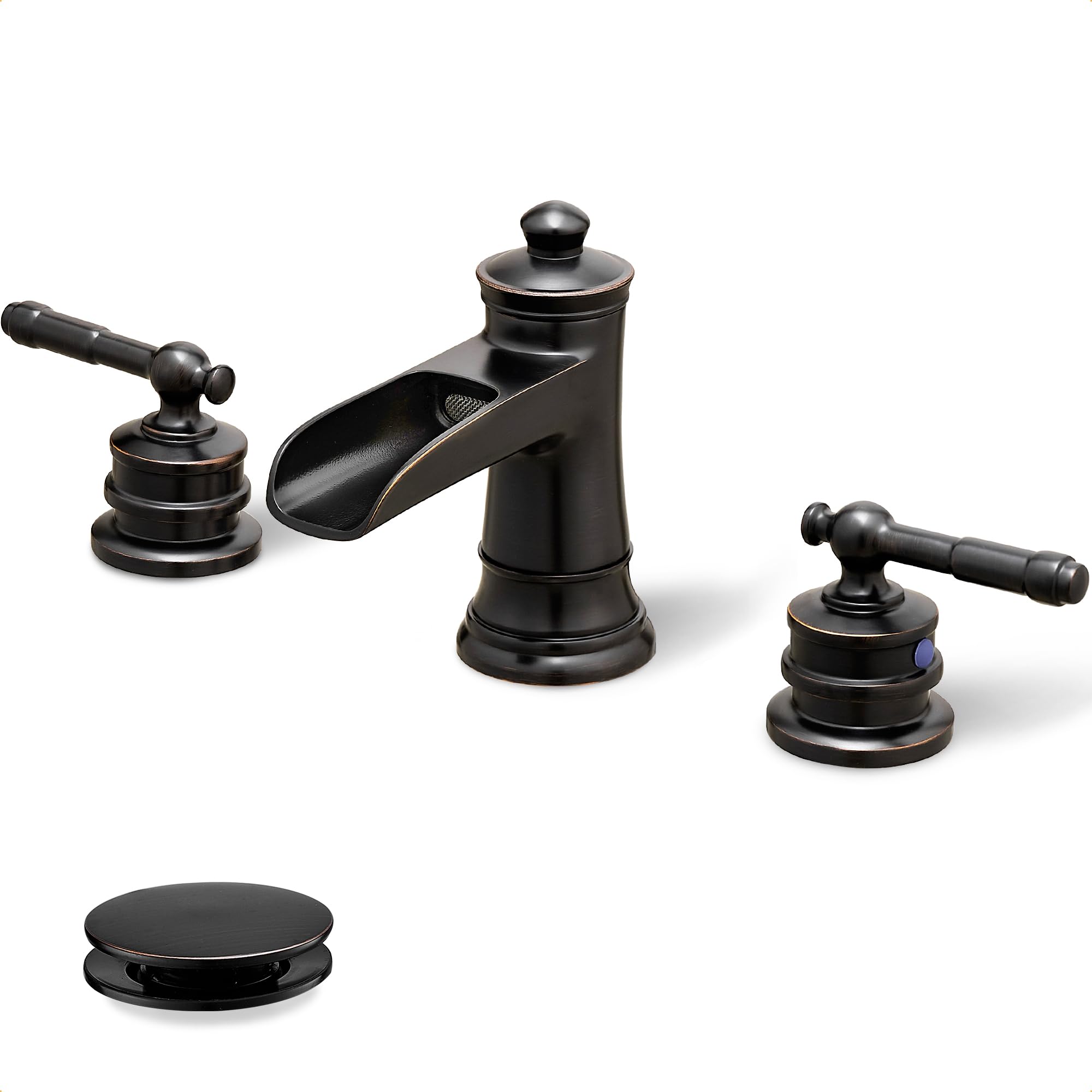 Oil Rubbed Bronze Waterfall Bathroom Faucet - 3 Hole Widespread Sink Faucet with Pop Up Drain for Farmhouse & Hotel Style