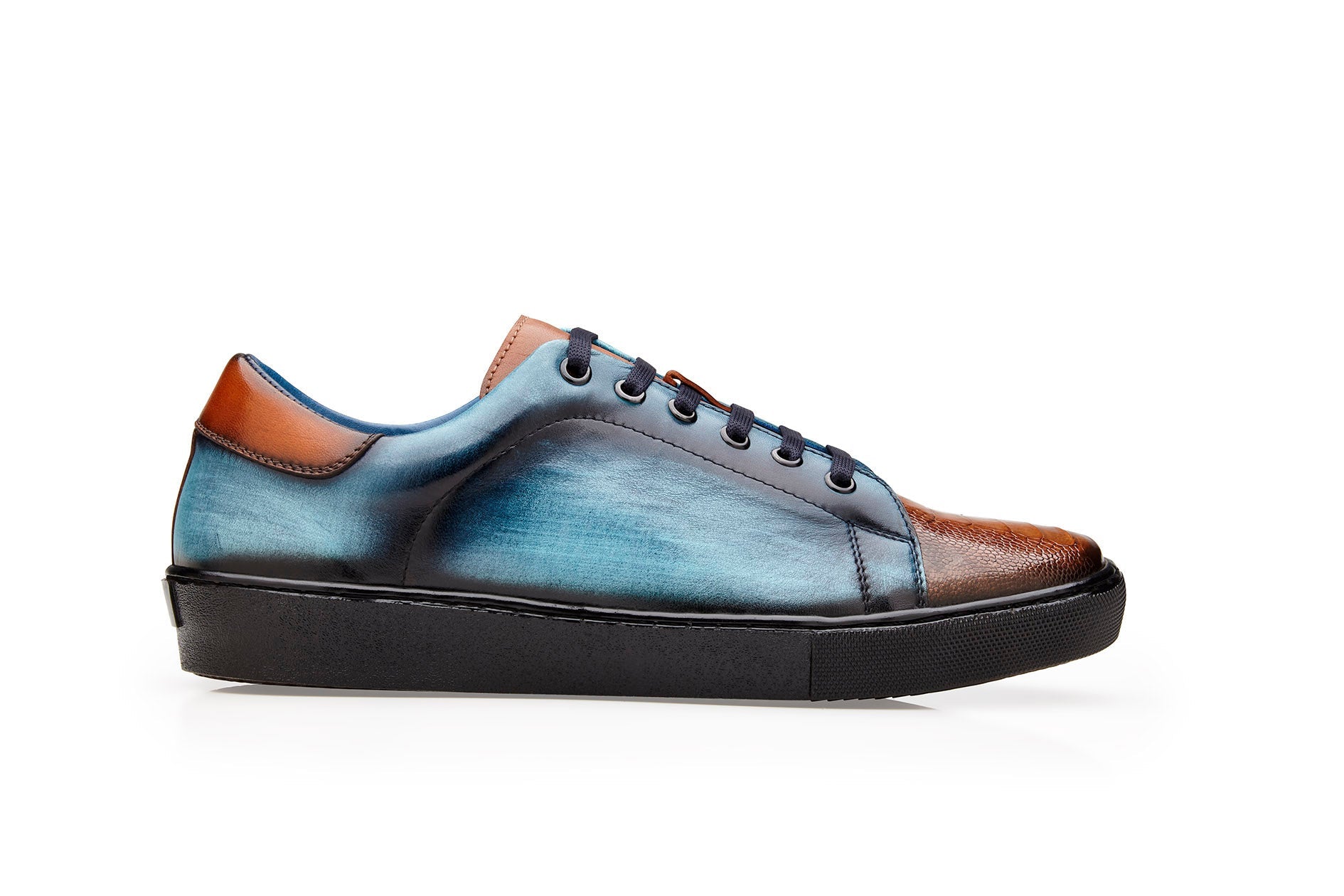 Belvedere Genuine Ostrich Leather & Italian Calfskin Sneakers - Antique Brandy/Antique Ocean Blue Y31 - Comfortable Luxury Shoes for Casual Wear & Street Style