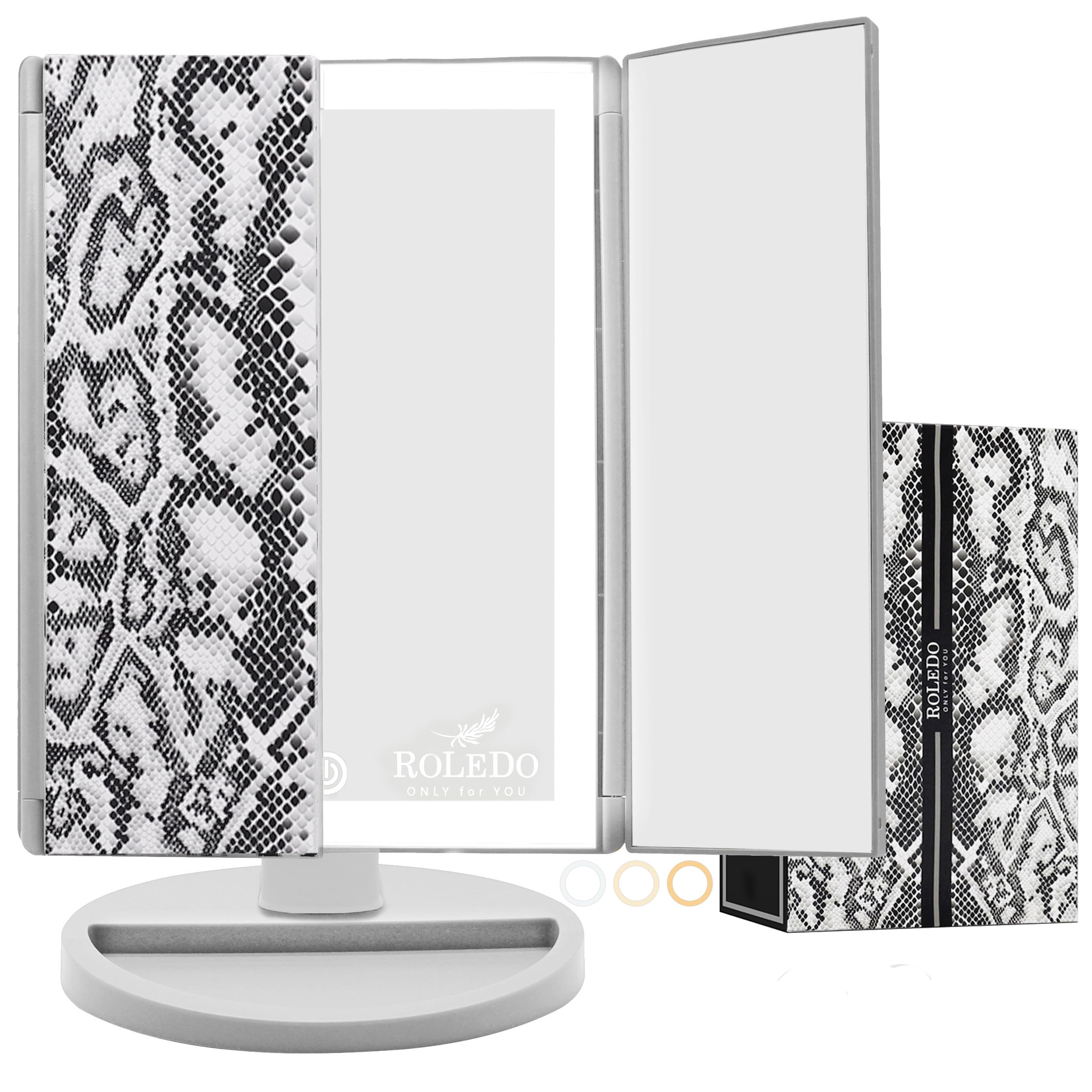 RoLeDo 3-Fold LED Vanity Makeup Mirror with 72 Lights - 1X/2X/5X Magnification, Touch Screen & 3 Color Lighting | Portable Cosmetic Mirror for Desk | Perfect Gift for Women & Teen Girls | Snake Print Design | Ideal for Makeup Application, Skincare Routine & Home Decor