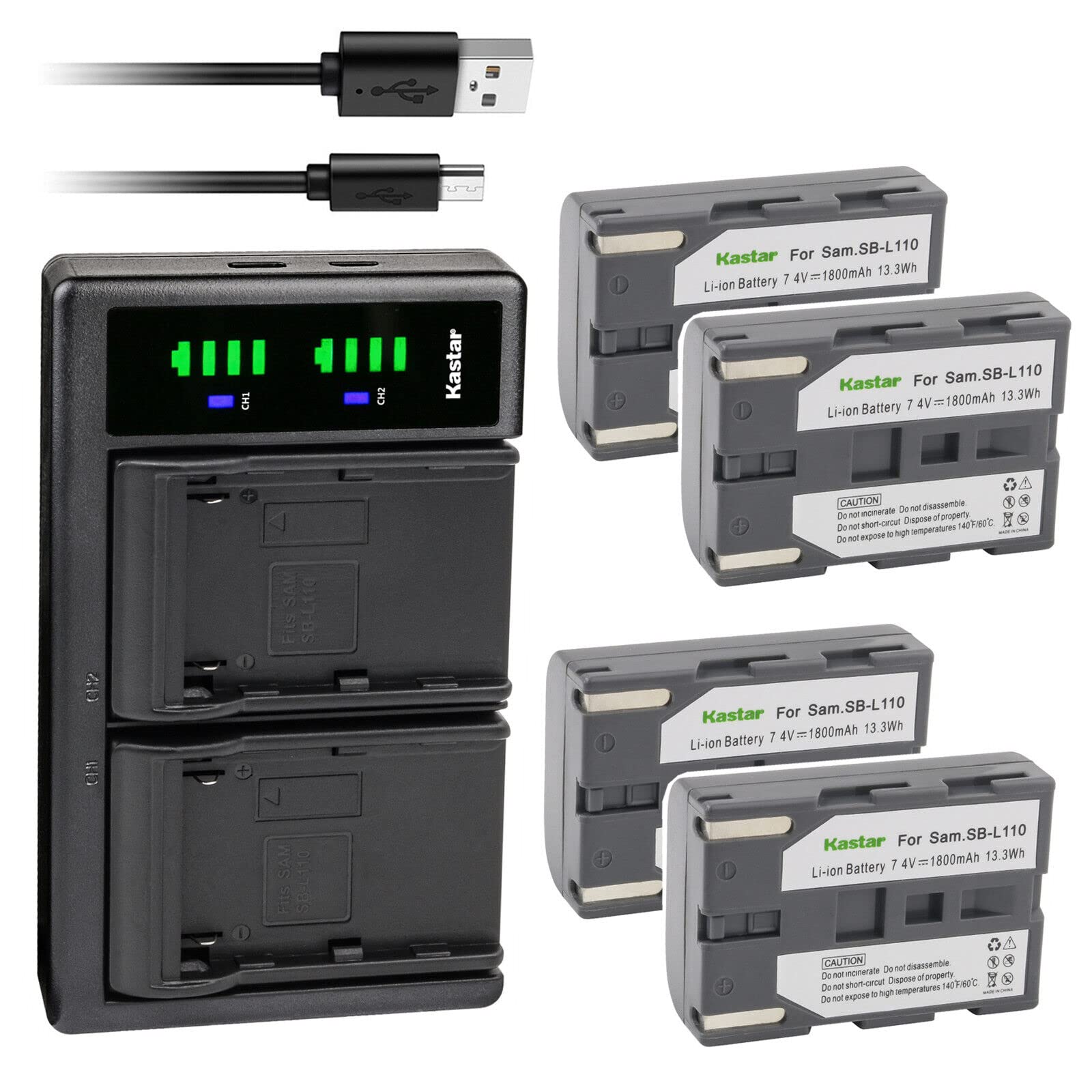 Kastar 4-Pack SB-L110 Replacement Battery & LTD2 USB Charger Compatible with Samsung VP-D105/D107/D11/D130/D15/D190/D200/D21/D23/D230/D24/D250 Camcorders - Perfect for Travel, Vlogging & Home Video Recording