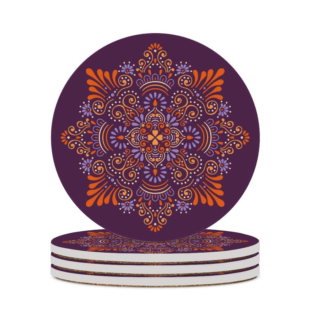 Absorbent Ceramic Drink Coasters with Exotic Ethnic Purple Pattern - Round Cork Base for Coffee Cups & Glasses - Set of 1 - Perfect for Bar, Farmhouse & Home Decor