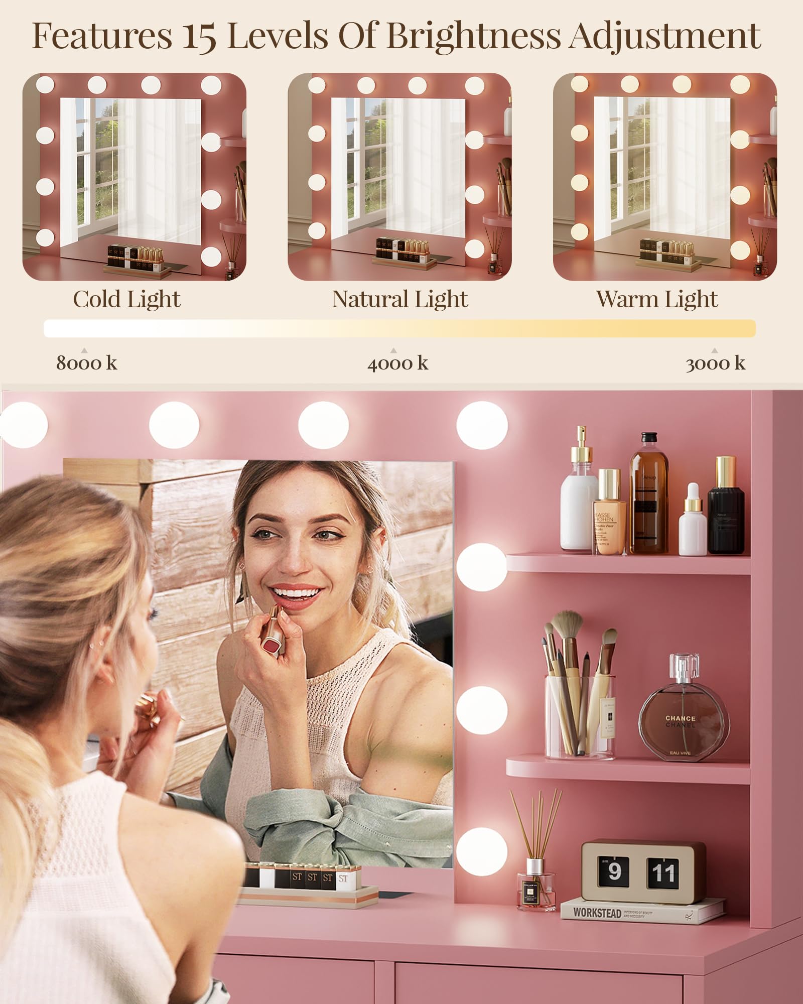 Pink Vanity Table with Lights and Mirror - 3 Adjustable Lighting Modes for Makeup & Skincare | Perfect for Bedroom, Dressing Room & Beauty Studio