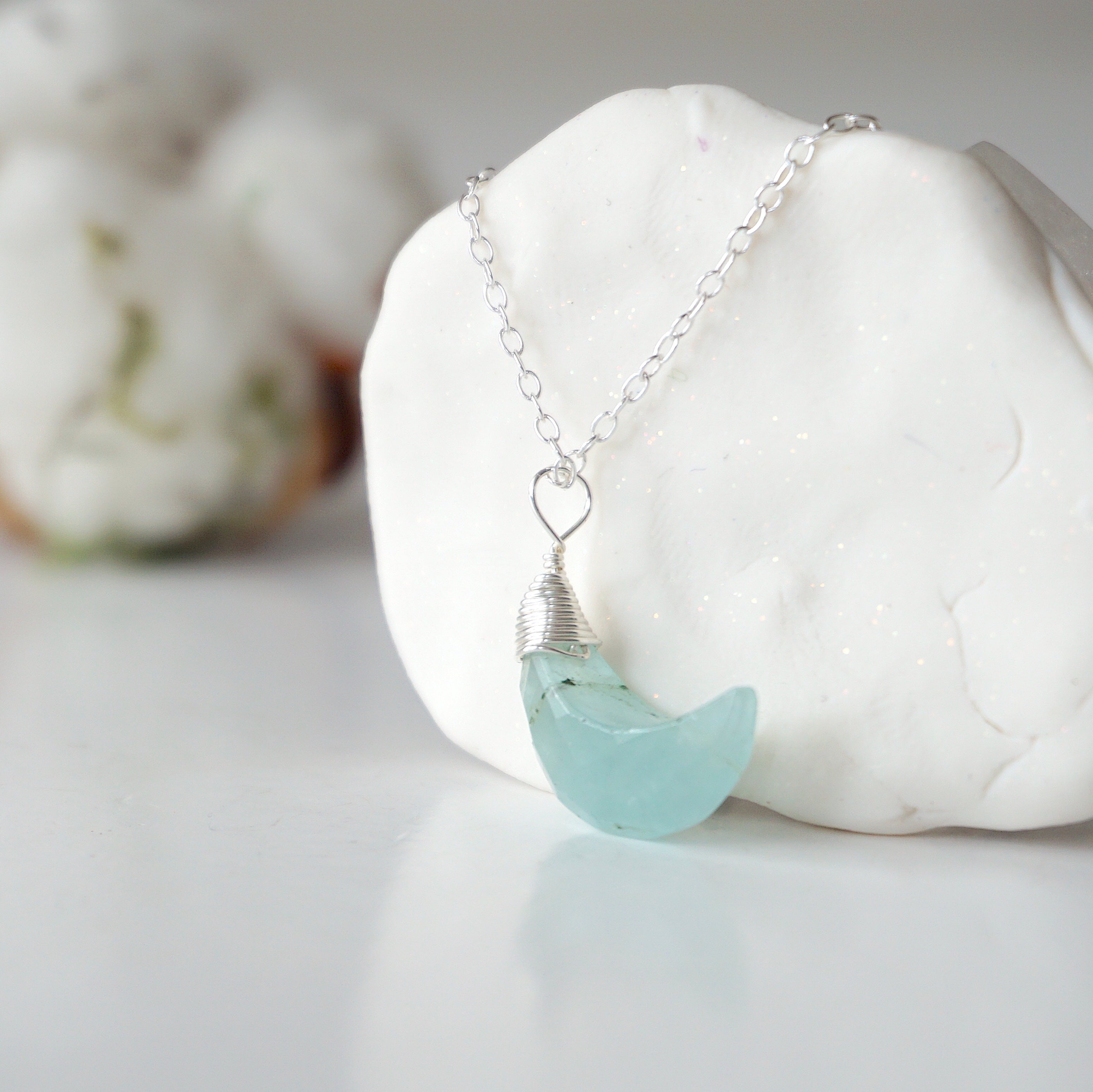 Aquamarine Necklace - Moon Charm Pendant in Sterling Silver for Women | Elegant Jewelry Gift for Birthday, Anniversary & Special Occasions