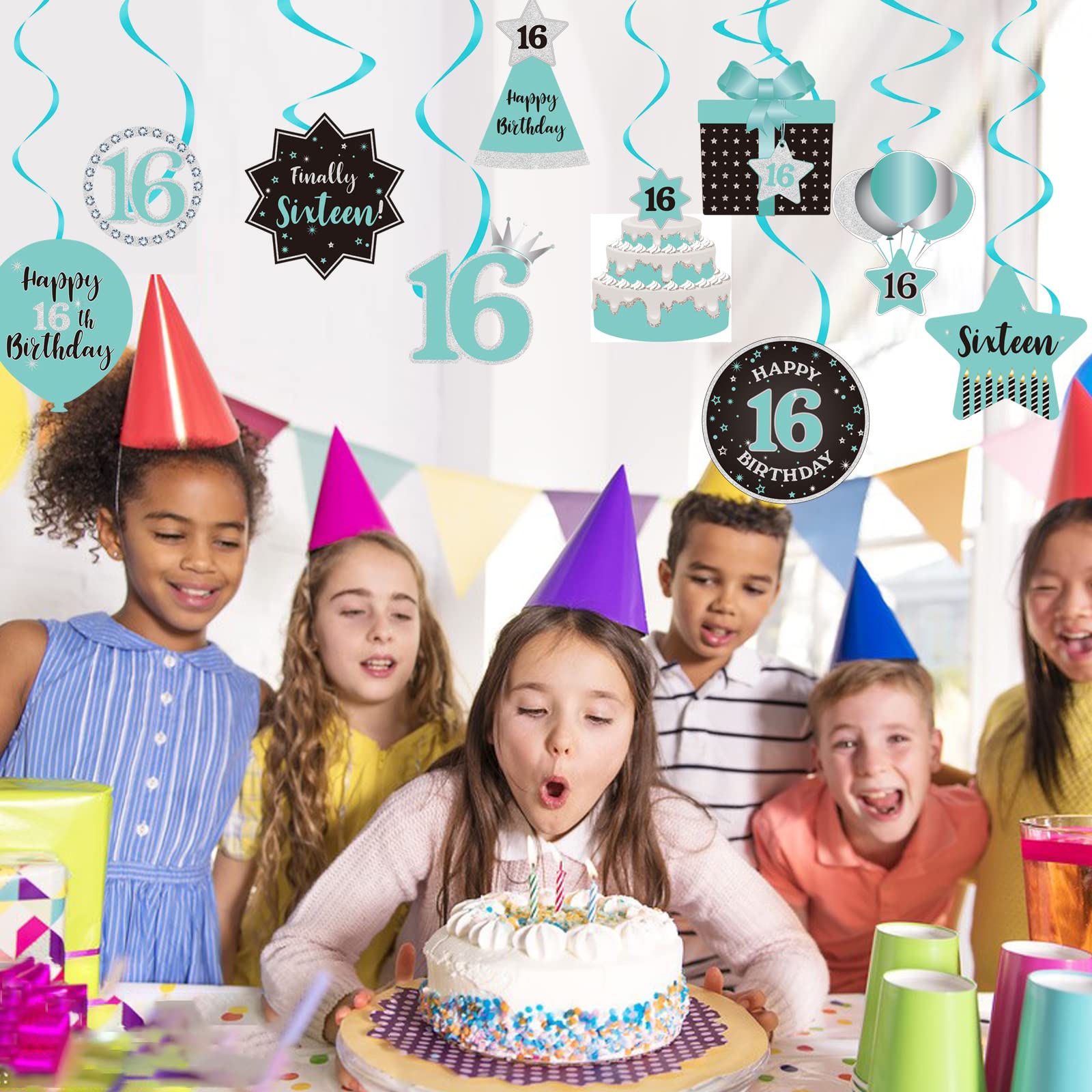 Sweet 16 Birthday Party Ceiling Decorations - 16th Birthday Hanging Swirls & Streamers in Teal, Silver, Black & Blue | Foil Cutout Decor for Teen Girl Celebration & Room Decor