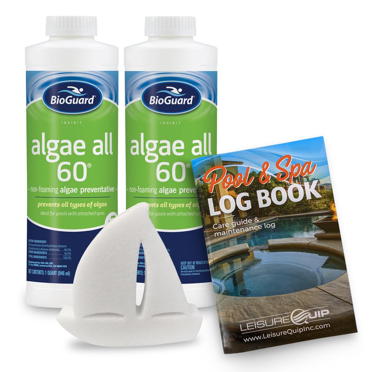 BioGuard® Algae All 60® Swimming Pool Algaecide - Non-Foaming Algae Preventative with LeisureQuip ScumBoat & Pool Care Log Book - for Inground & Above Ground Pools - Keep Your Pool Crystal Clear All Season