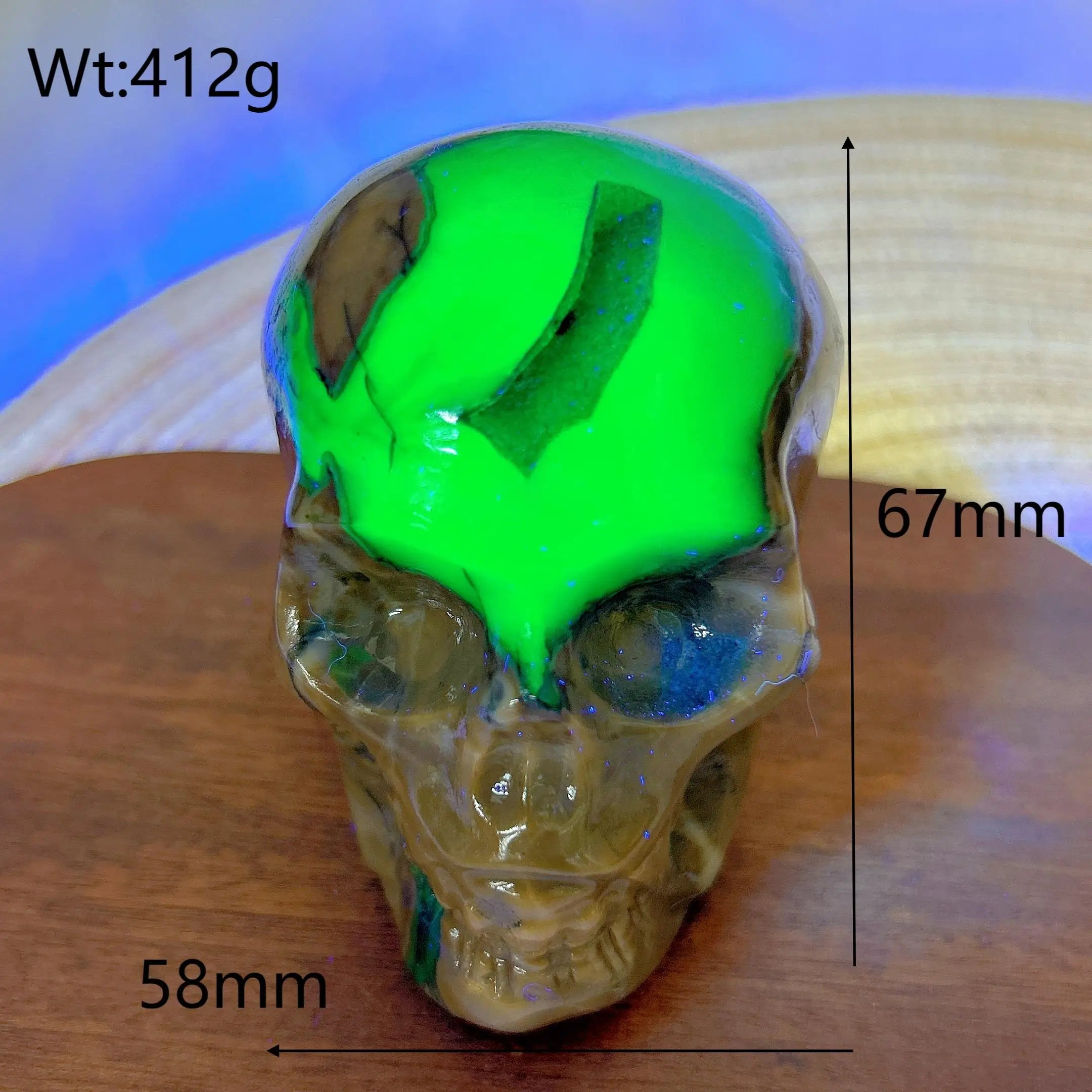 Natural Volcanic Agate Skull Carving with UV Light Effect - Green Flashy Healing Crystal for Energy, Home Decor & Spiritual Gifts | Perfect for Meditation, Feng Shui & Unique Gift Giving