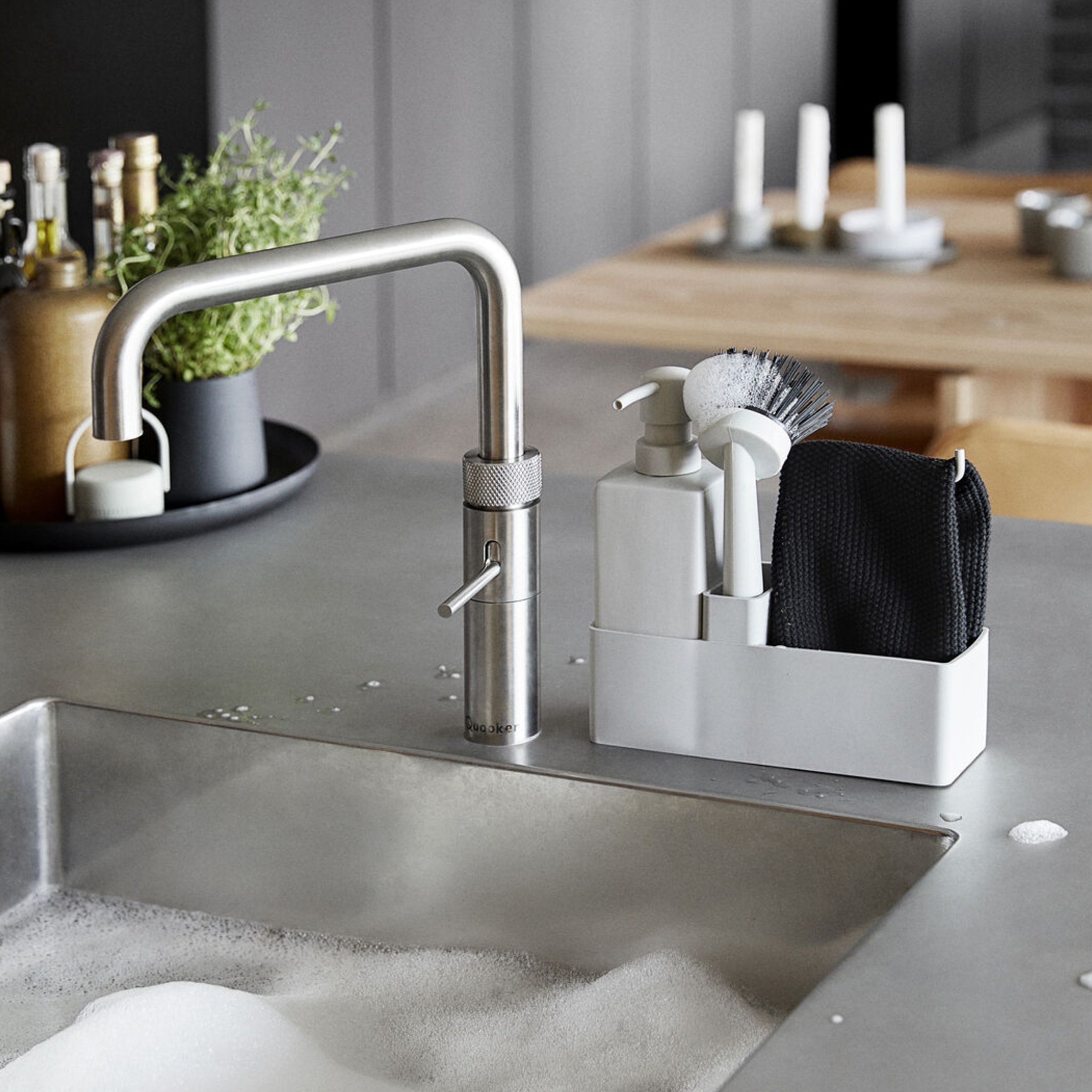 Premium ZONE DENMARK Dishwashing Set with Microfiber Cloth in Warm Grey - Complete Kitchen Cleaning Kit for Sinks, Countertops & Dishes (Dishwasher Safe)
