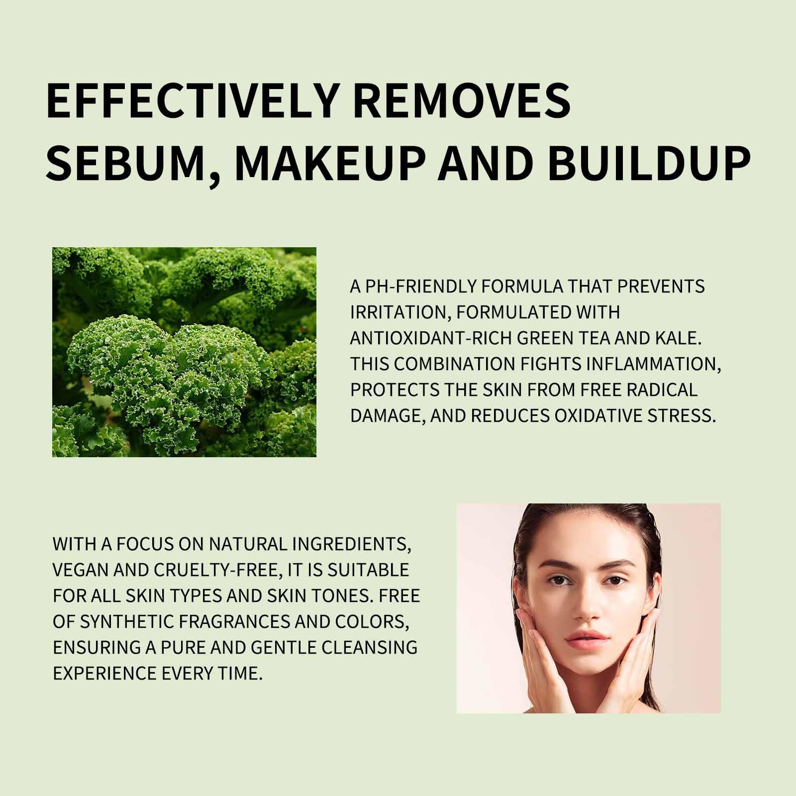 Natural Vegan Green Tea & Kale Facial Cleanser - Gentle Moisturizing Daily Face Wash for Deep Cleansing, Makeup Removal & Pore Minimizing | Perfect for Sensitive Skin & Daily Skincare Routine (1pc)