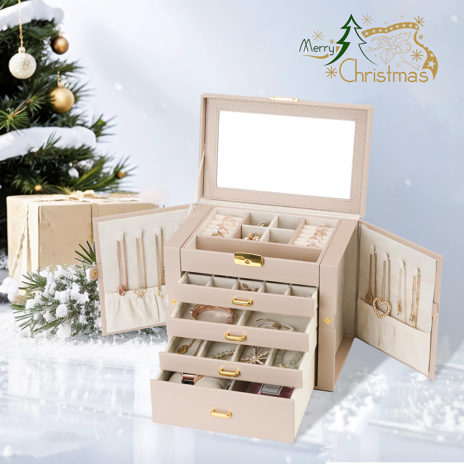 5-Layer Jewelry Organizer Box for Women - Large Jewelry Storage Case with Mirror, Perfect Jewelry Gift for Valentine's Day, Christmas, Birthday - Elegant Apricot Design for Dresser, Vanity & Travel Use