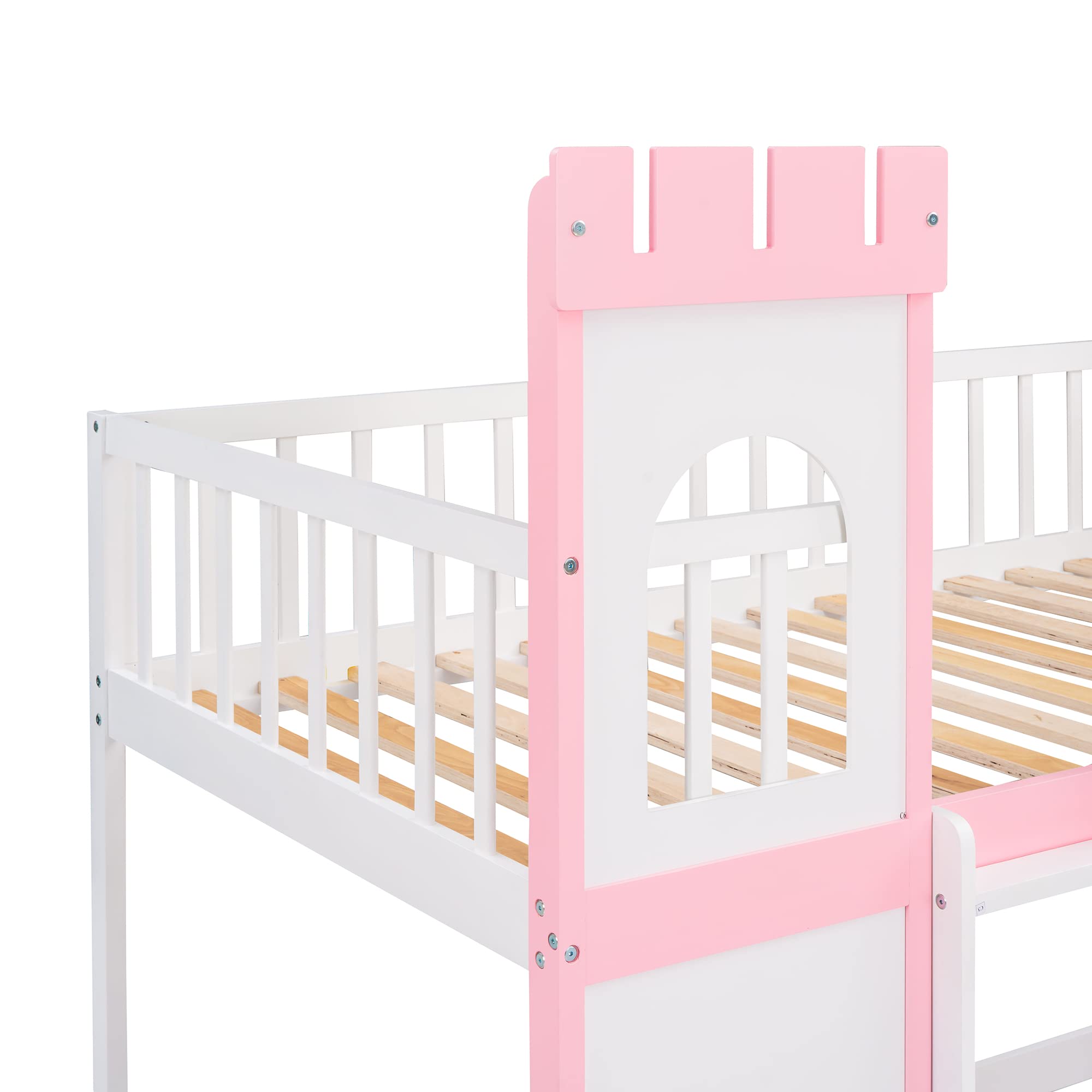 MERITLINE Twin Over Twin Wooden Castle Loft Bunk Bed with Safety Rail & Ladder - Kids Low Bunk Bed Frame for Boys & Girls - Perfect for Bedroom, Dorm, Playroom & Sleepovers (Pink)