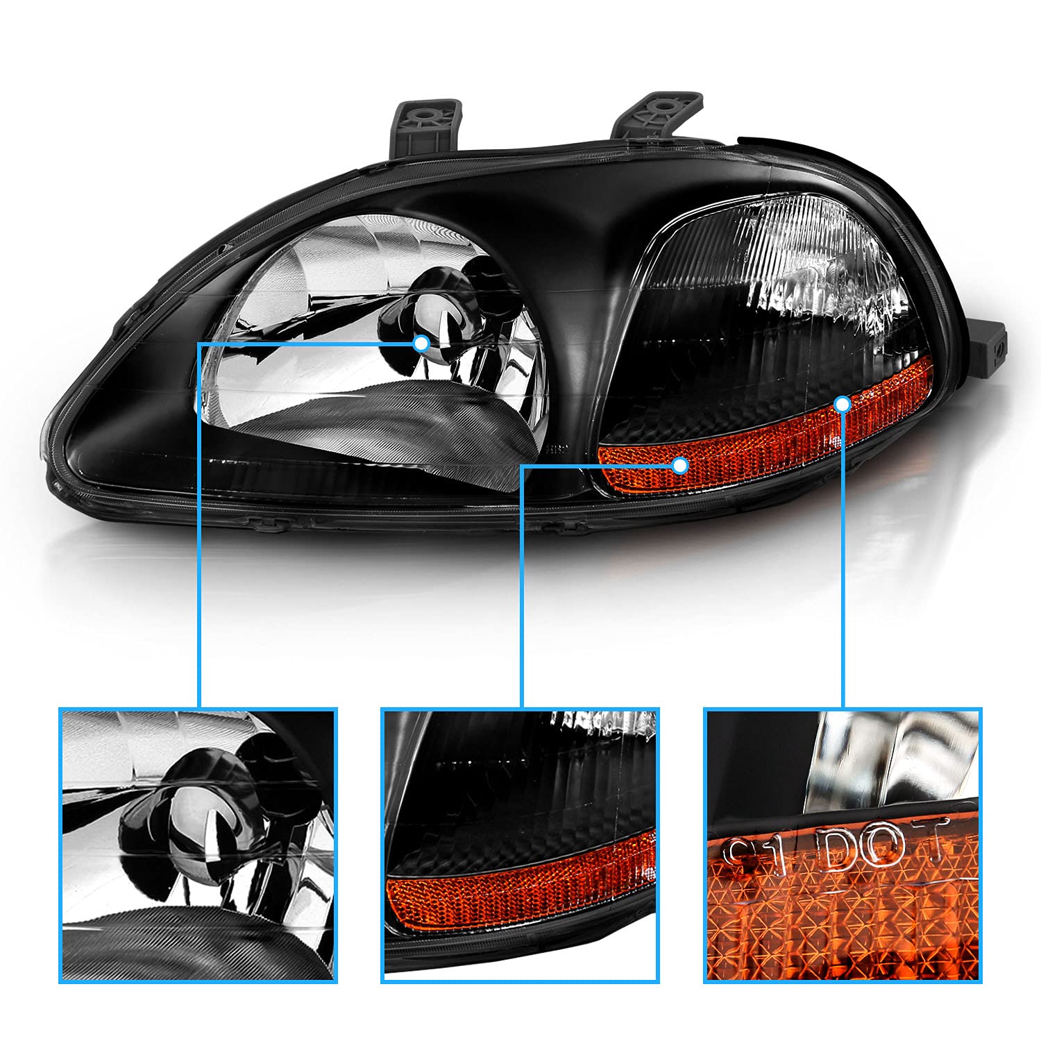 AmeriLite Black Replacement Headlights Set for 96-98 Honda Civic - Left & Right Side Headlamps - Improve Night Driving Safety & Style