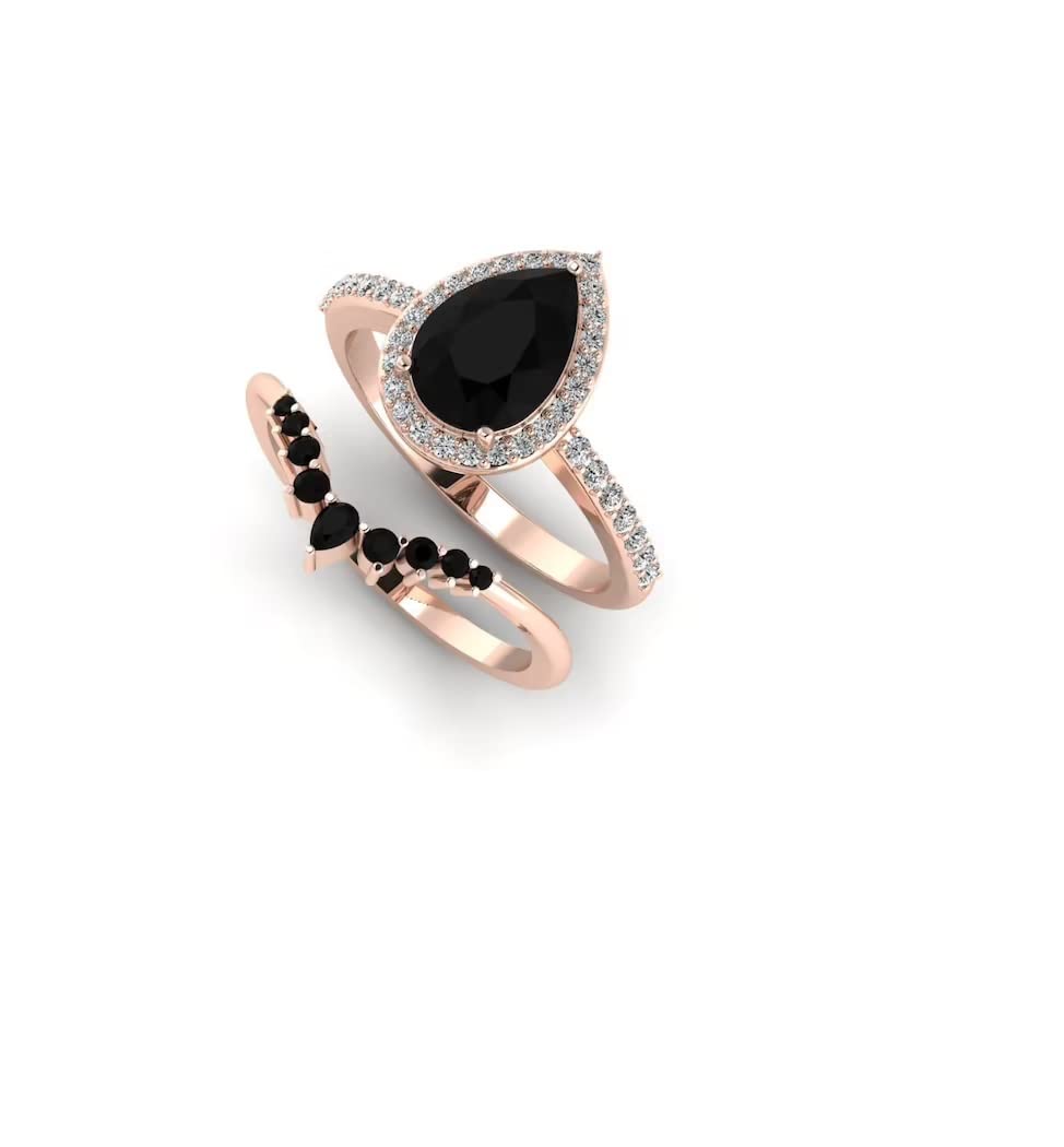 3 Ct Pear Cut Onyx Black Diamond Solitaire Halo Engagement Ring with V-Shaped Wedding Band Set for Women - 925 Sterling Silver Rose Gold Finish | Bridal Jewelry, Anniversary Gift, Proposal Ring