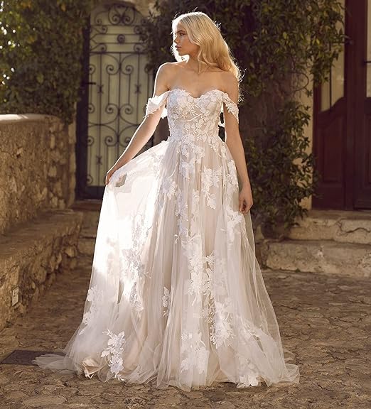 2024 A-Line Tulle Lace Wedding Dress for Bride | Off-Shoulder Bridal Gown with Appliques | Perfect for Church Ceremony, Beach Wedding & Reception Party