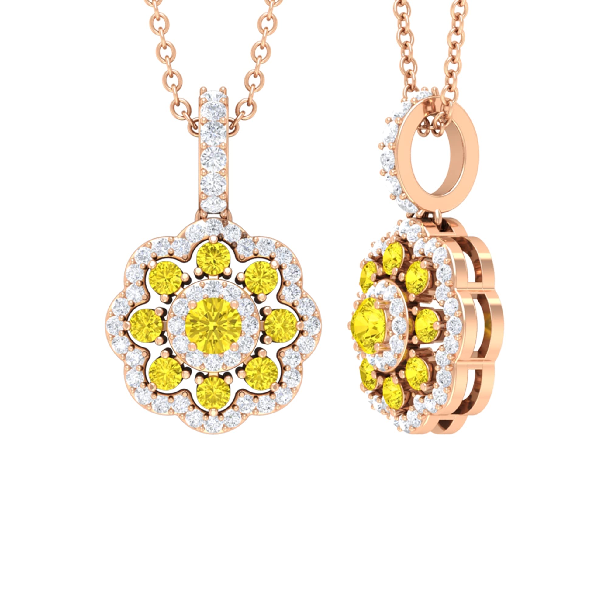 3/4 CT Yellow Sapphire & Moissanite Pendant Necklace for Women - 14K Solid Gold Flower Jewelry - Elegant Gift for Anniversary, Birthday & Special Occasions