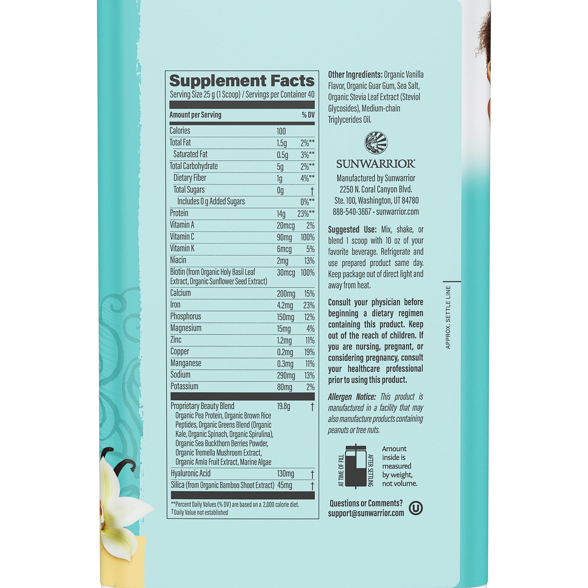Sunwarrior Vegan Collagen Peptides Powder - Plant-Based Protein for Women with Hyaluronic Acid, Biotin & Vitamin C | Promotes Healthy Hair, Skin & Nails | Vanilla Flavored (40 Servings) | Perfect for Smoothies, Shakes & Post-Workout Recovery