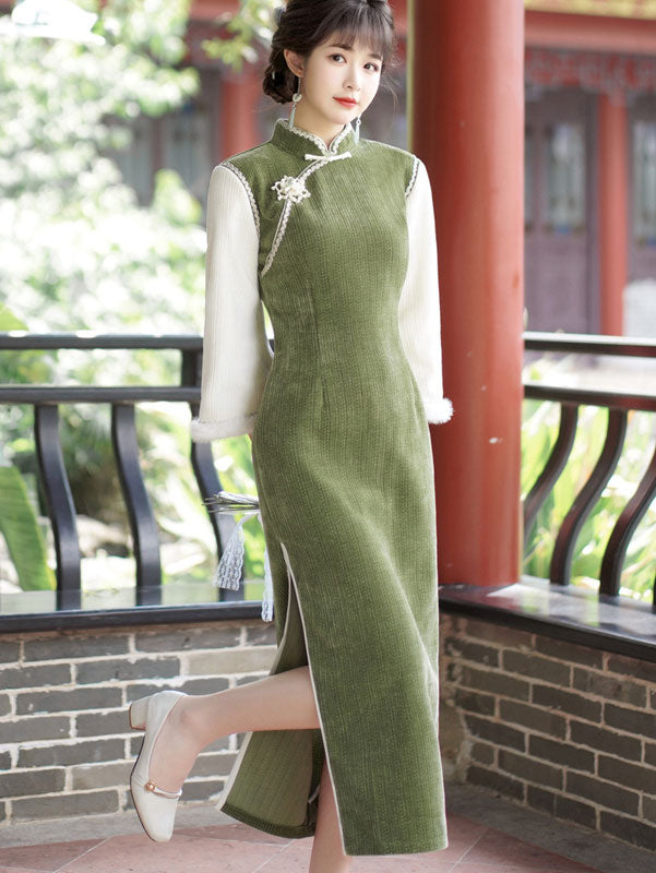 Elegant Green Chenille Winter QiPao Cheongsam Dress for Women - Vintage Chinese Style Evening Gown - Perfect for Holiday Parties, Weddings & Special Occasions