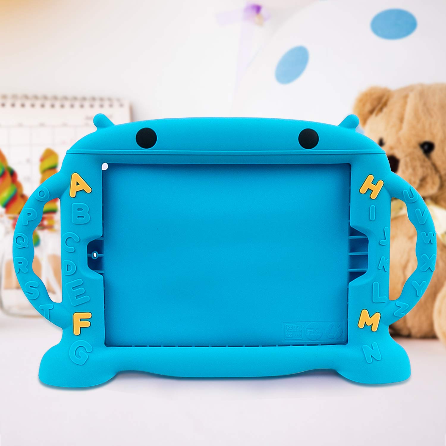 CHINFAI Shockproof Silicone iPad Case for Kids - Cute Cartoon Protective Cover with Stand & Side Handles | Compatible with iPad Pro 9.7/Air 1 2 (2017-2018 Models) | BPA Free | Perfect for School, Travel & Home Use (Blue)