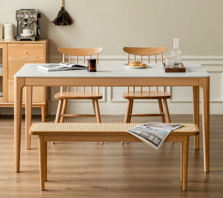 Solid Oak & Ash Wood Dining Table with Natural Rock Slab Surface - Rustic Farmhouse Style for Dining Room & Kitchen Decor