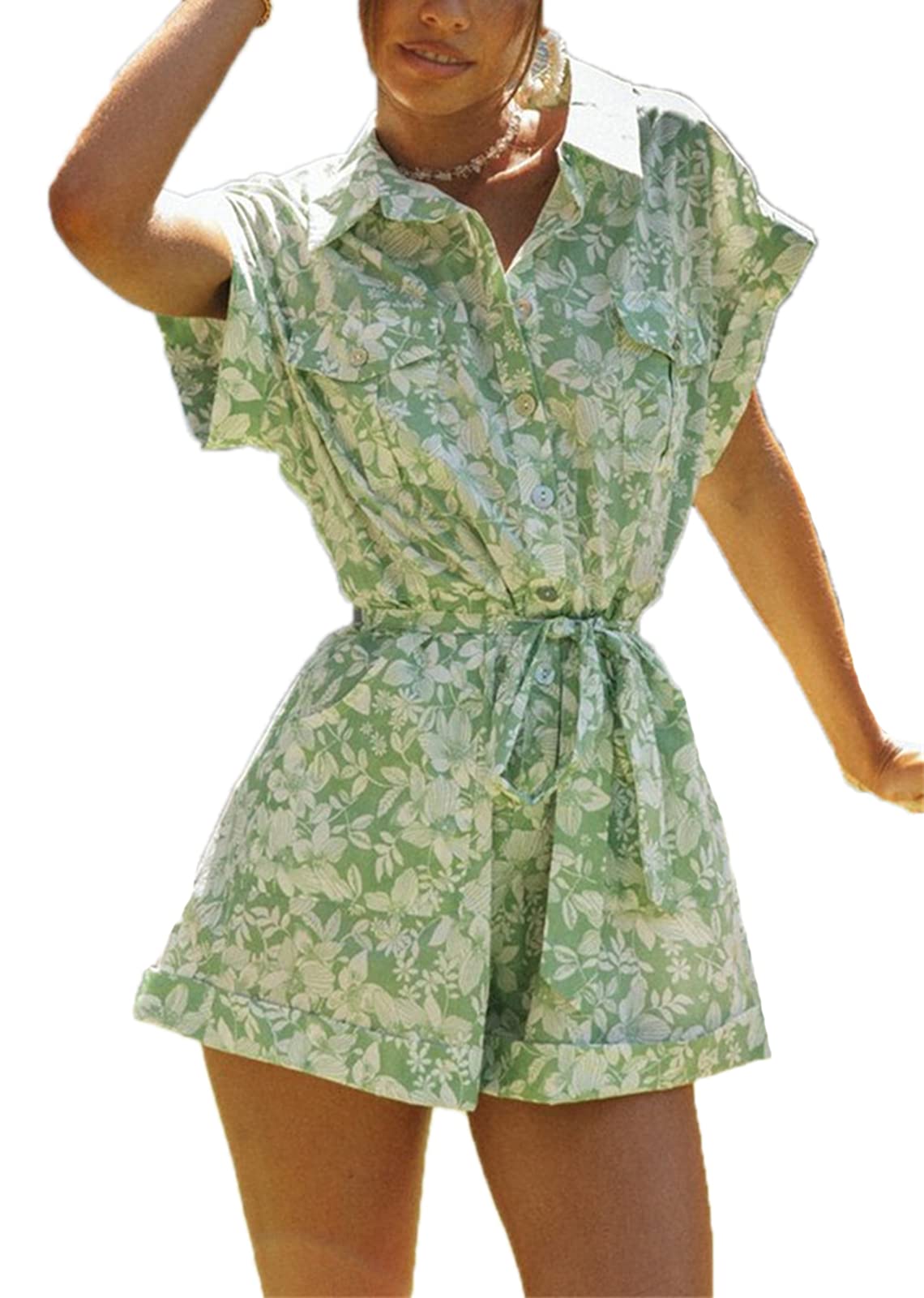 Women Short Romper Elegant Floral Print Sleeveless Strap Casual Jumpsuit for Summer Beach Vacation and Date Night Outfits