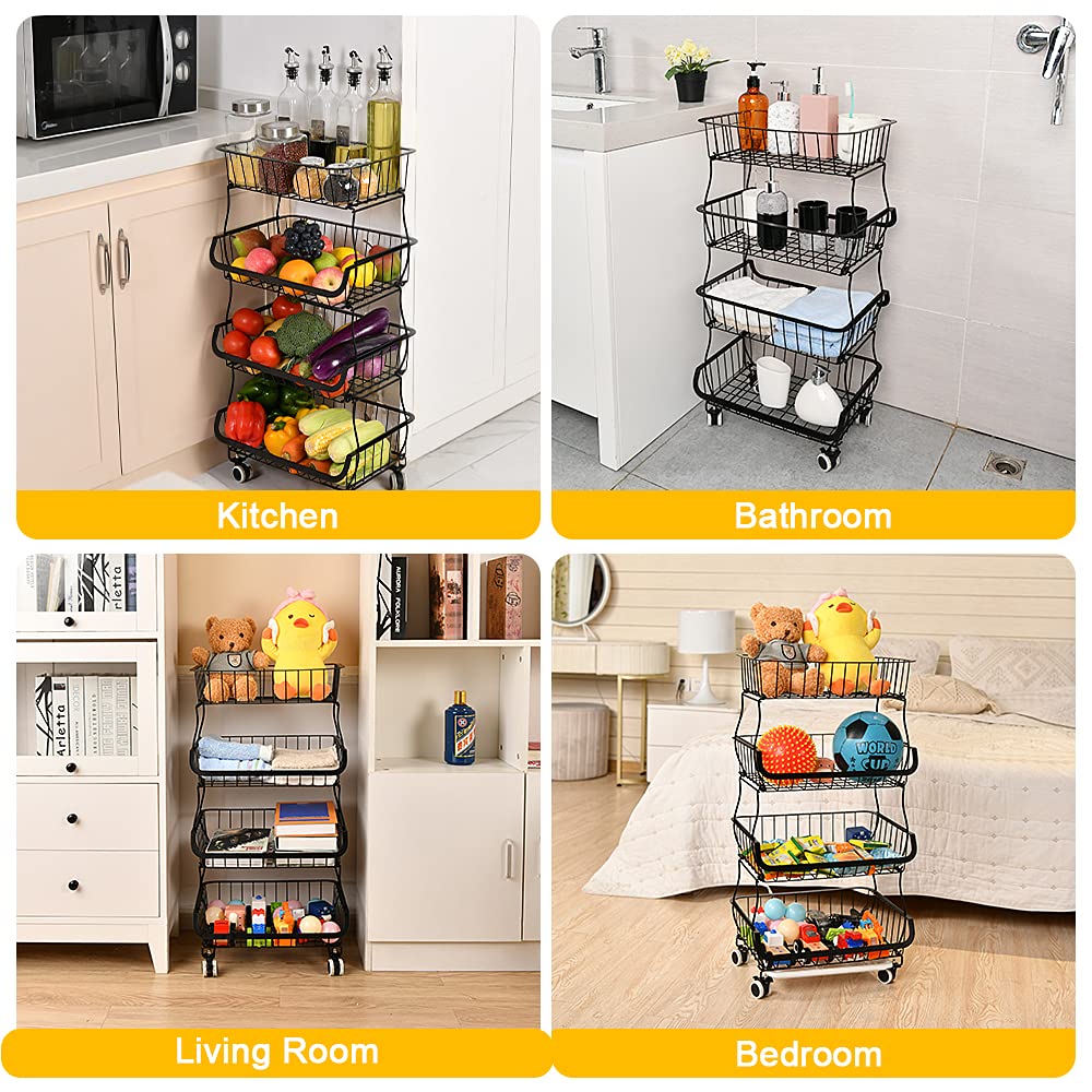 4-Tier Stackable Metal Wire Storage Basket with Wheels - Organizer for Fruits, Vegetables, Kitchen, Pantry & Bathroom - Perfect for Grocery Storage, Home Organization & Small Space Saving