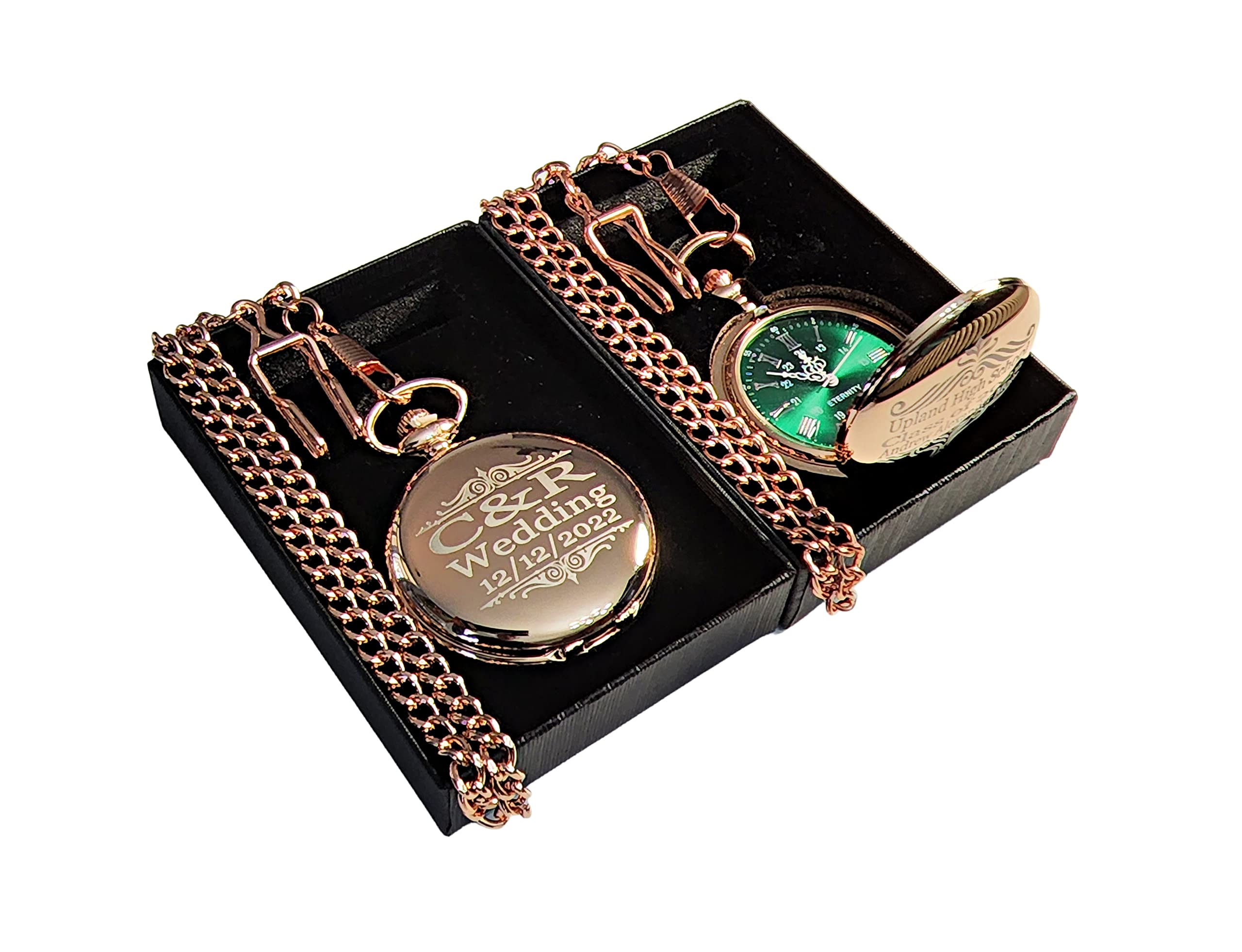 Personalized Silver Pocket Watch Set with Green Dial & Roman Numerals - Custom Engraved Wedding Gift for Him/Her - Includes Chain & Fitted Box - Perfect for Anniversaries, Engagements & Special Occasions