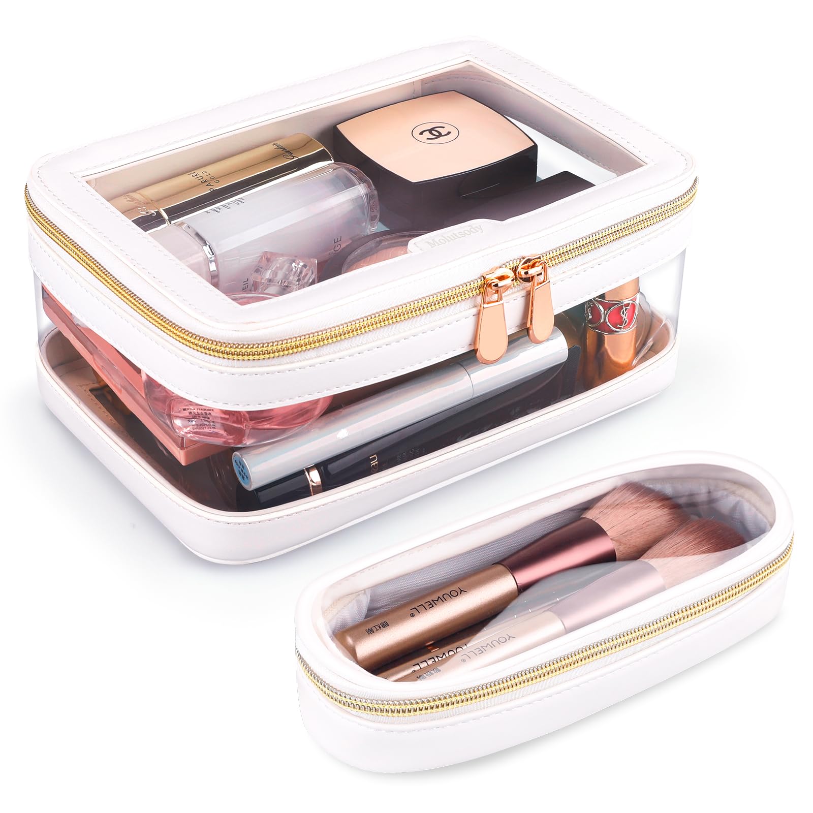 Clear Travel Makeup Bag for Women - Waterproof Cosmetic & Toiletry Organizer Case with Multiple Pockets, Portable Carry-on Essentials Storage (White) - Perfect for Airplane Travel, Gym, Beach & Daily Use