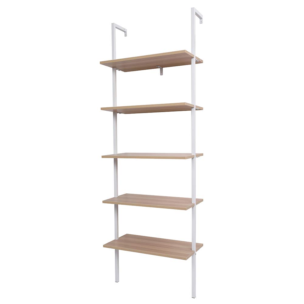 5-Tier Industrial Ladder Shelf - Wall Mounted Bookcase & Display Storage Rack with Metal Frame for Plants, Books & Home Decor - Perfect for Living Room, Kitchen, Office & Small Spaces (Walnut Finish)