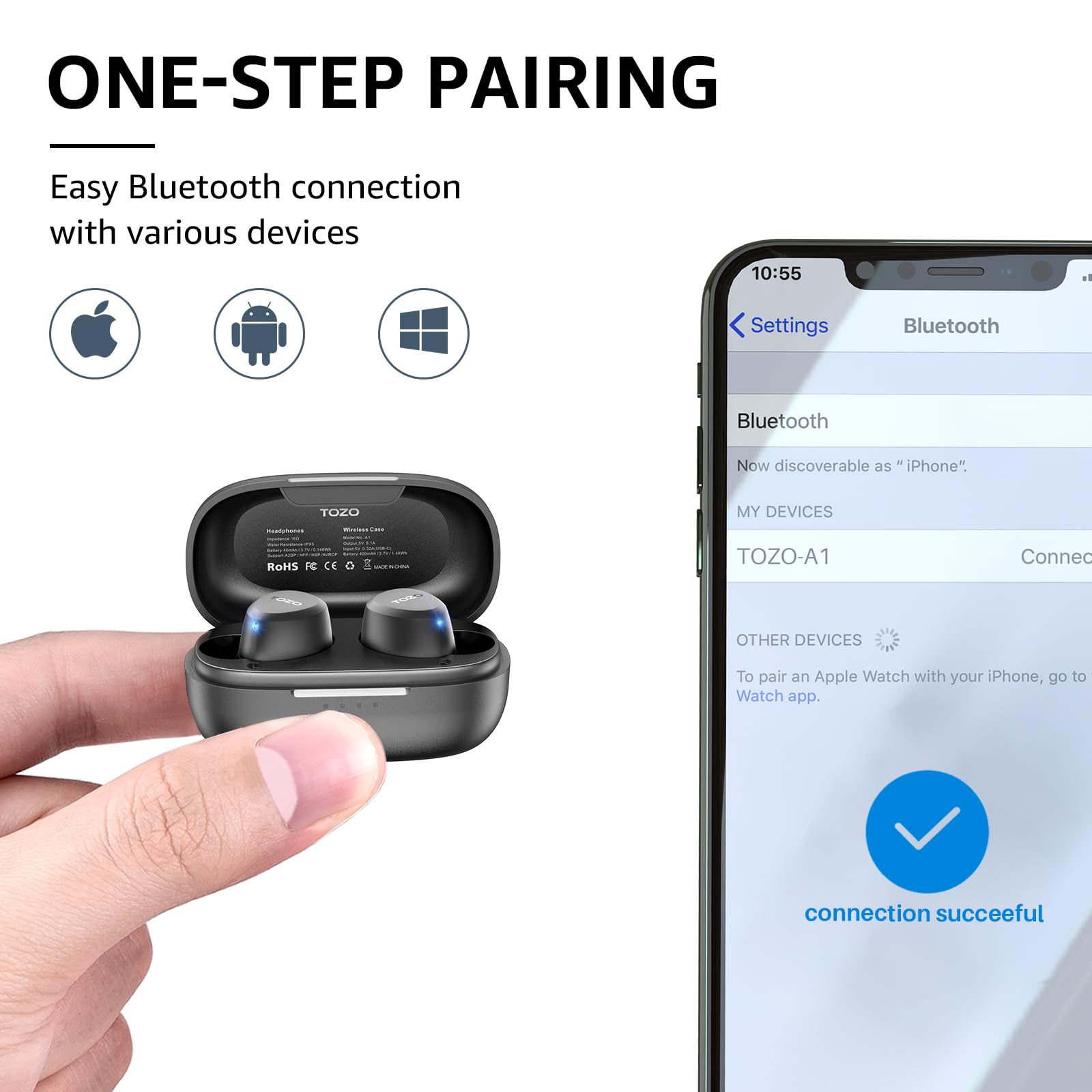 TOZO A1 Wireless Earbuds Bluetooth 5.3 with 65W Fast Charger - Sweatproof Sport Earbuds for Running, Gym & Workout | Hi-Fi Sound for Music & Calls | Long Battery Life for Travel & Commuting