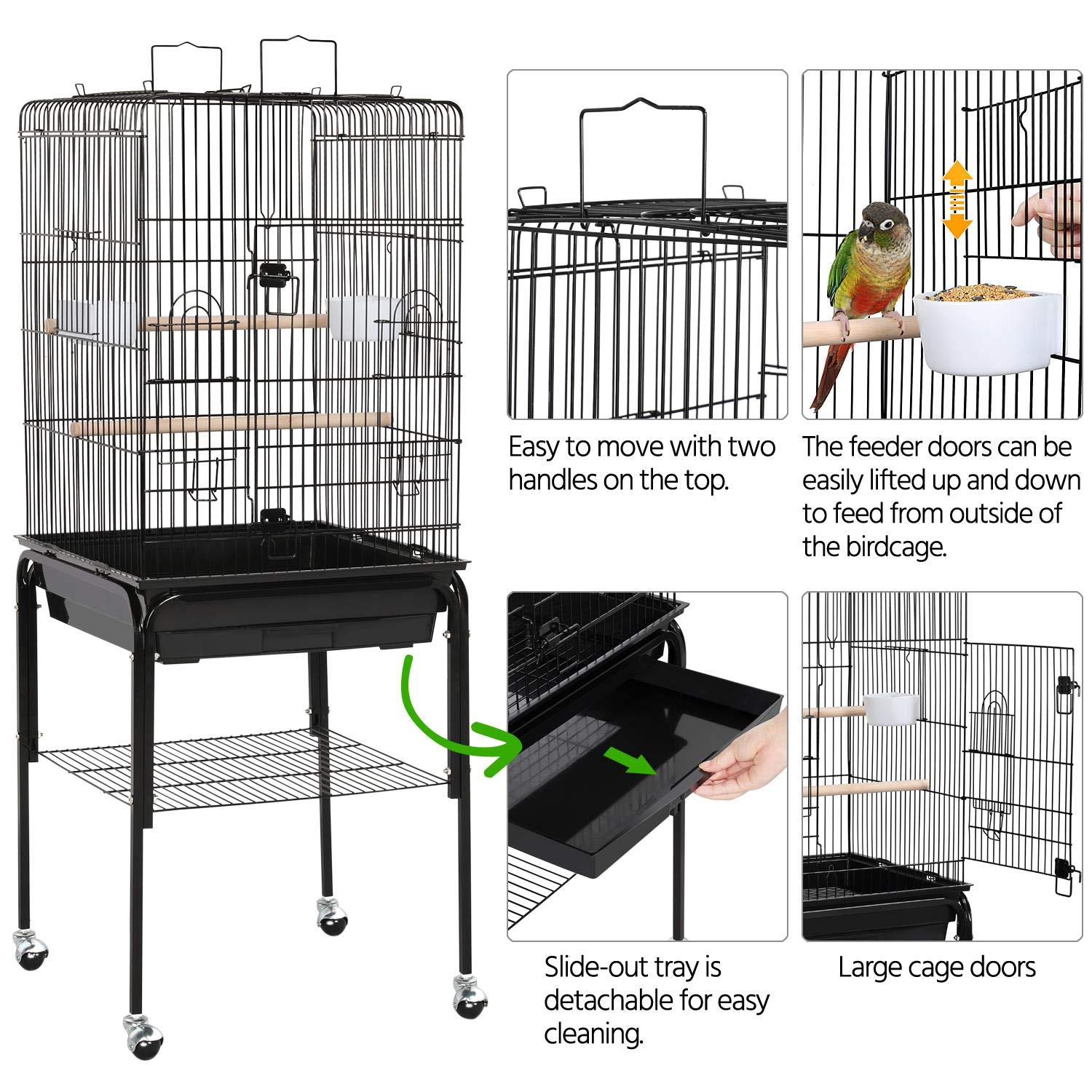 Yaheetech Open Top Rolling Parrot Cage for Cockatiels, Sun Conures & Green Cheek Parakeets - Medium Bird Cage with Detachable Stand - Perfect for Home, Office & Pet Store Use