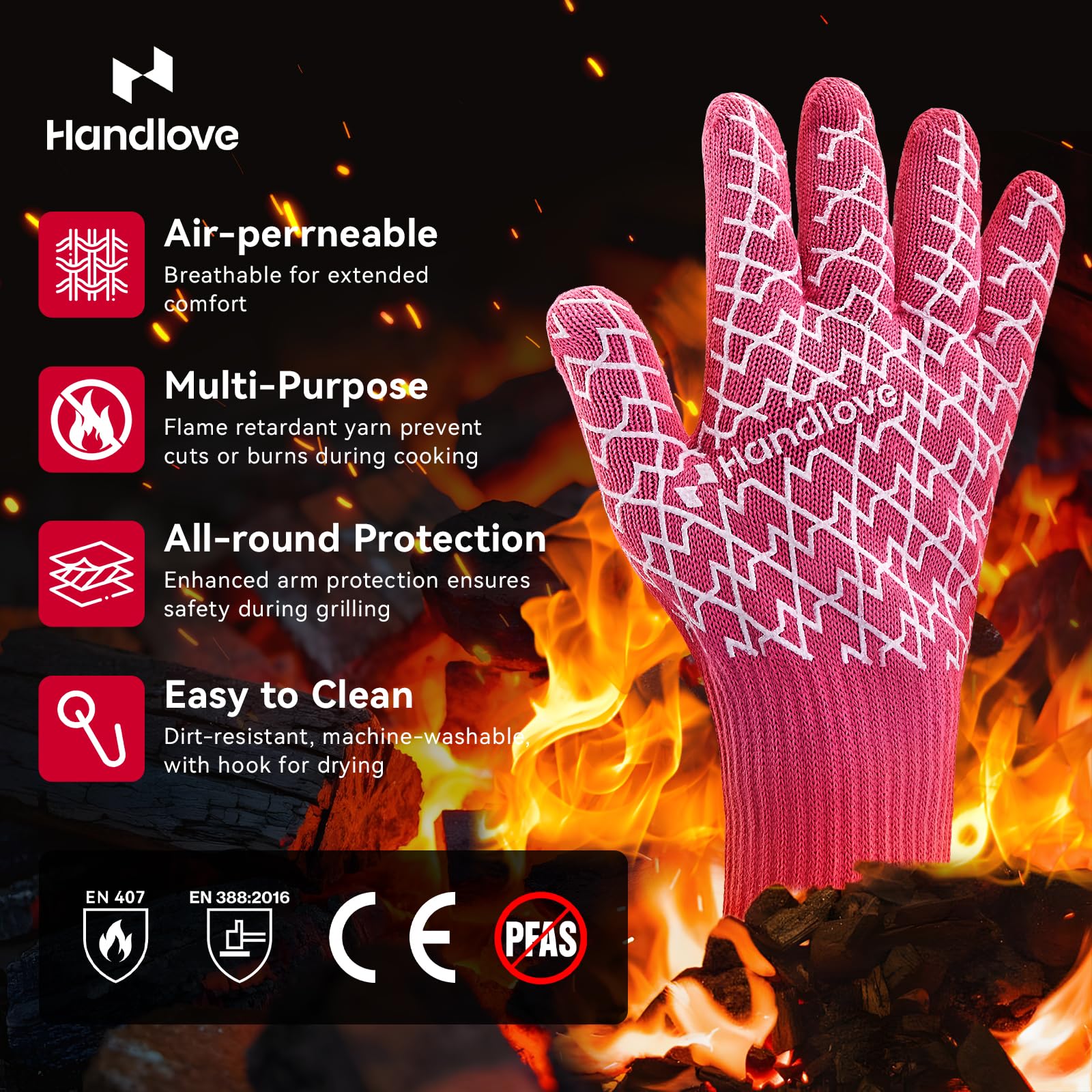 Heat Resistant BBQ Gloves - Fireproof Grilling & Oven Mitts for Professional Chefs & Home Cooks - Silicone Grip, Extended Cuff Protection - Perfect for Outdoor Barbecue, Camping, Baking & Kitchen Cooking (Pink)