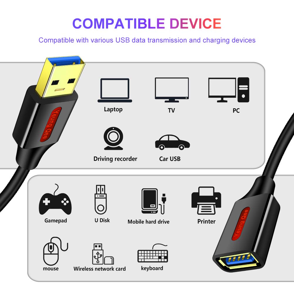 Yeung Qee 4M USB 3.0 Extension Cable - High Speed A Male to A Female Data Transfer Cord for Flash Drive, Keyboard, Mouse, Gaming Consoles & Printers | Perfect for Home Office, Gaming Setup & PC Accessories