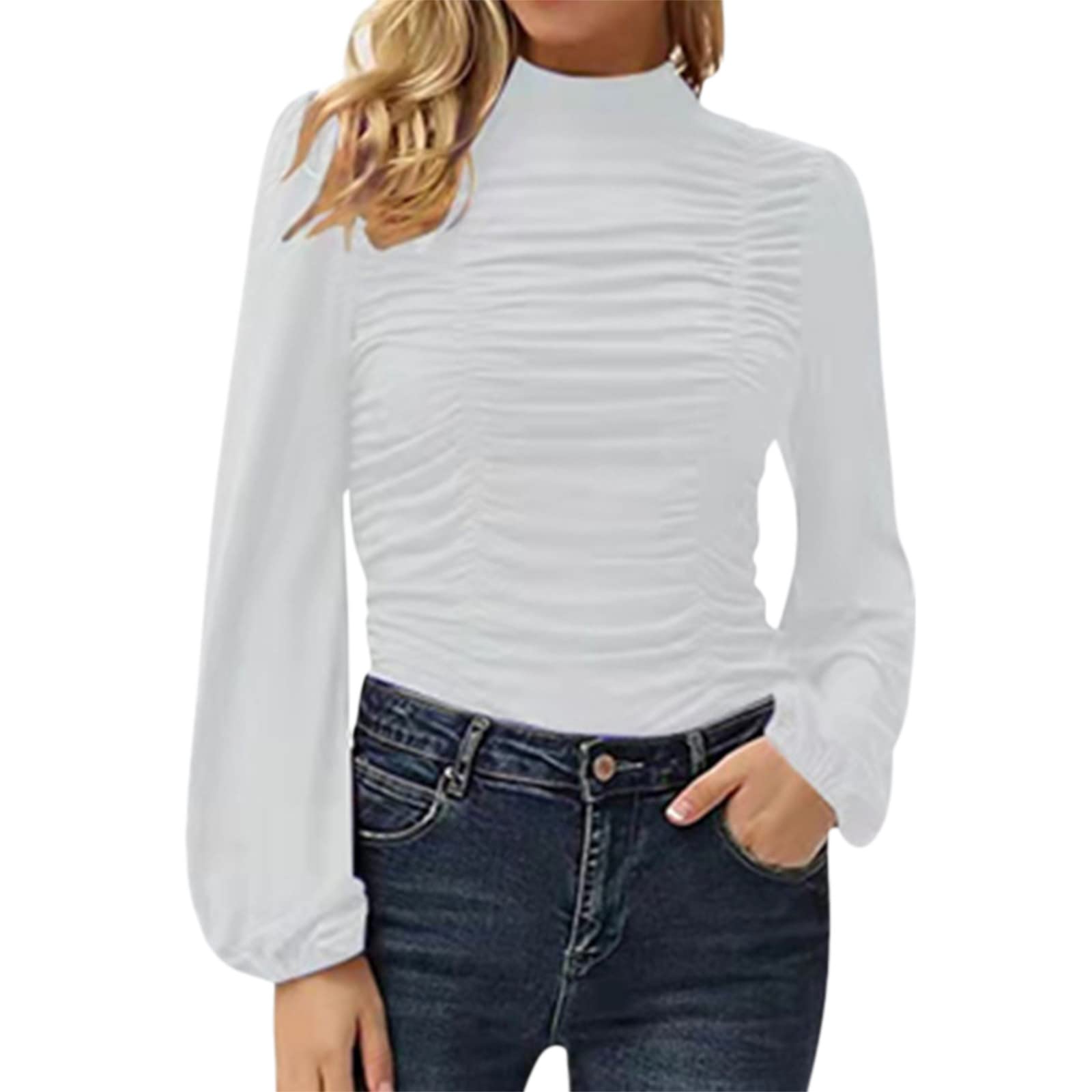 Women's Casual Long Sleeve Turtleneck Tops - Slim Fit Ruched Elegant Solid Color Blouse for Work, Date Night & Fall Fashion