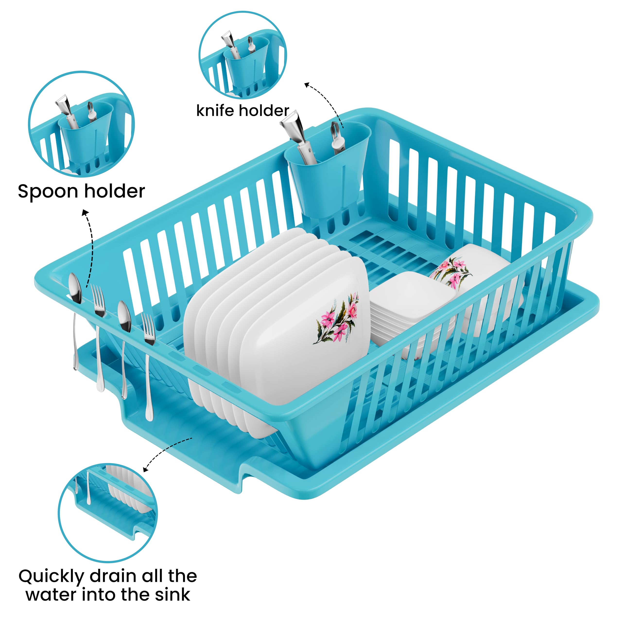 Floraware 3-in-1 Large Glossy Plastic Utensil Basket with Spoon Holder & Removable Dish Drainer - Durable, Lightweight, Unbreakable Modular Kitchen Organizer (Blue) - Perfect for Dish Drying, Utensil Storage & Countertop Organization
