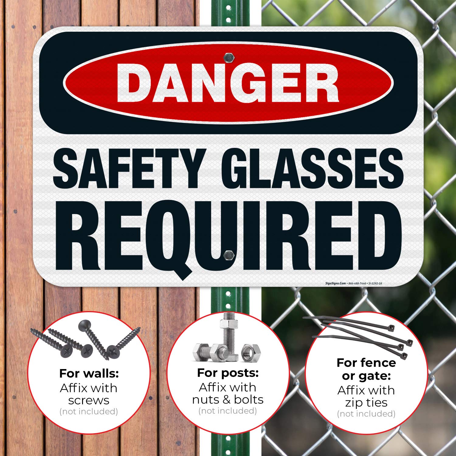 Danger Safety Glasses Required Sign - OSHA Compliant 12x18 Inches, 3M EGP Reflective .063 Aluminum, Fade Resistant for Indoor/Outdoor Use - Made in USA | Perfect for Construction Sites, Warehouses & Industrial Safety Areas