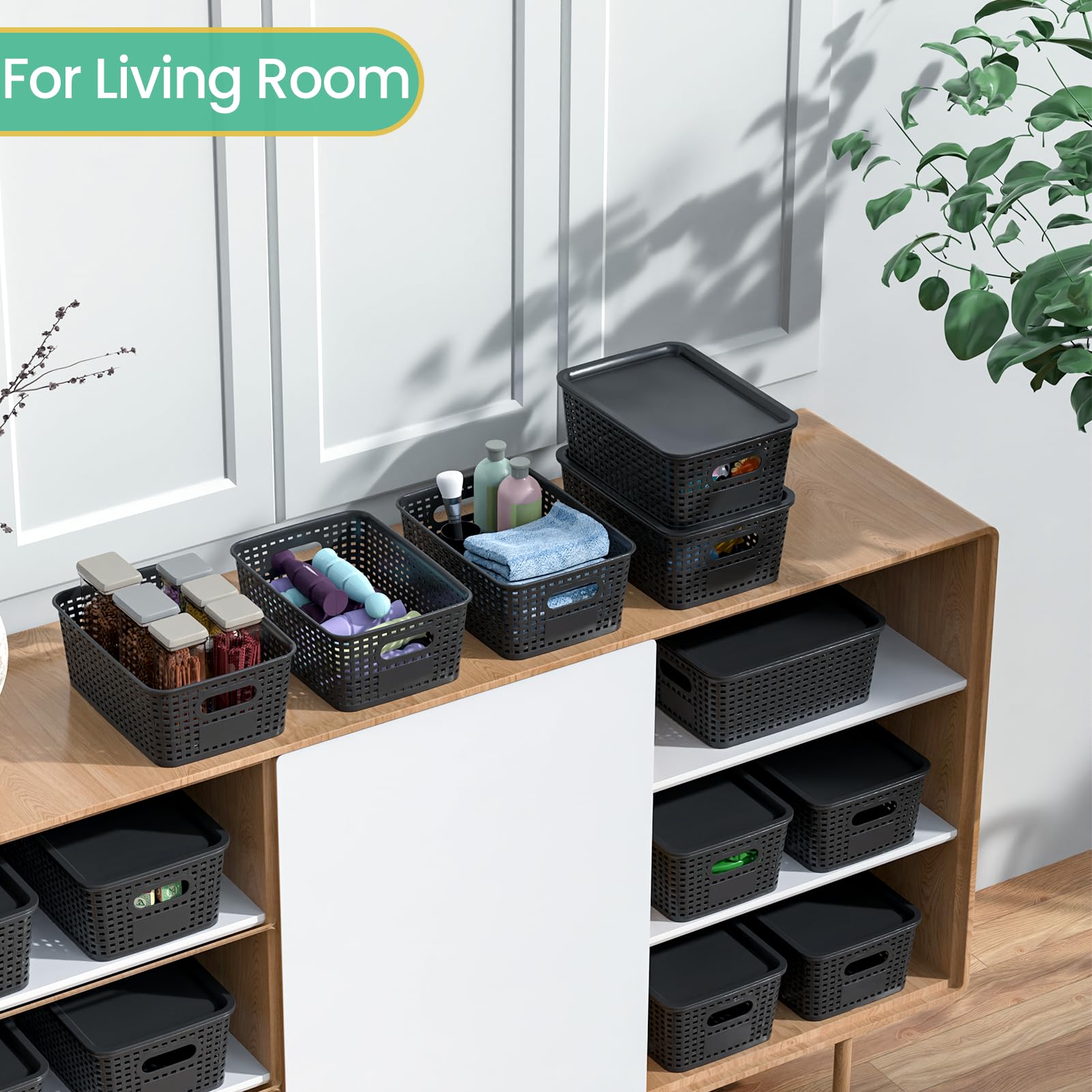 Stackable Plastic Storage Baskets with Lids - 8-Pack Black Organizing Bins (10.2x7.2x4.1 Inch) for Shelves, Drawers, Closet, Office, Classroom & Playroom - Perfect for Home Organization & Space Saving