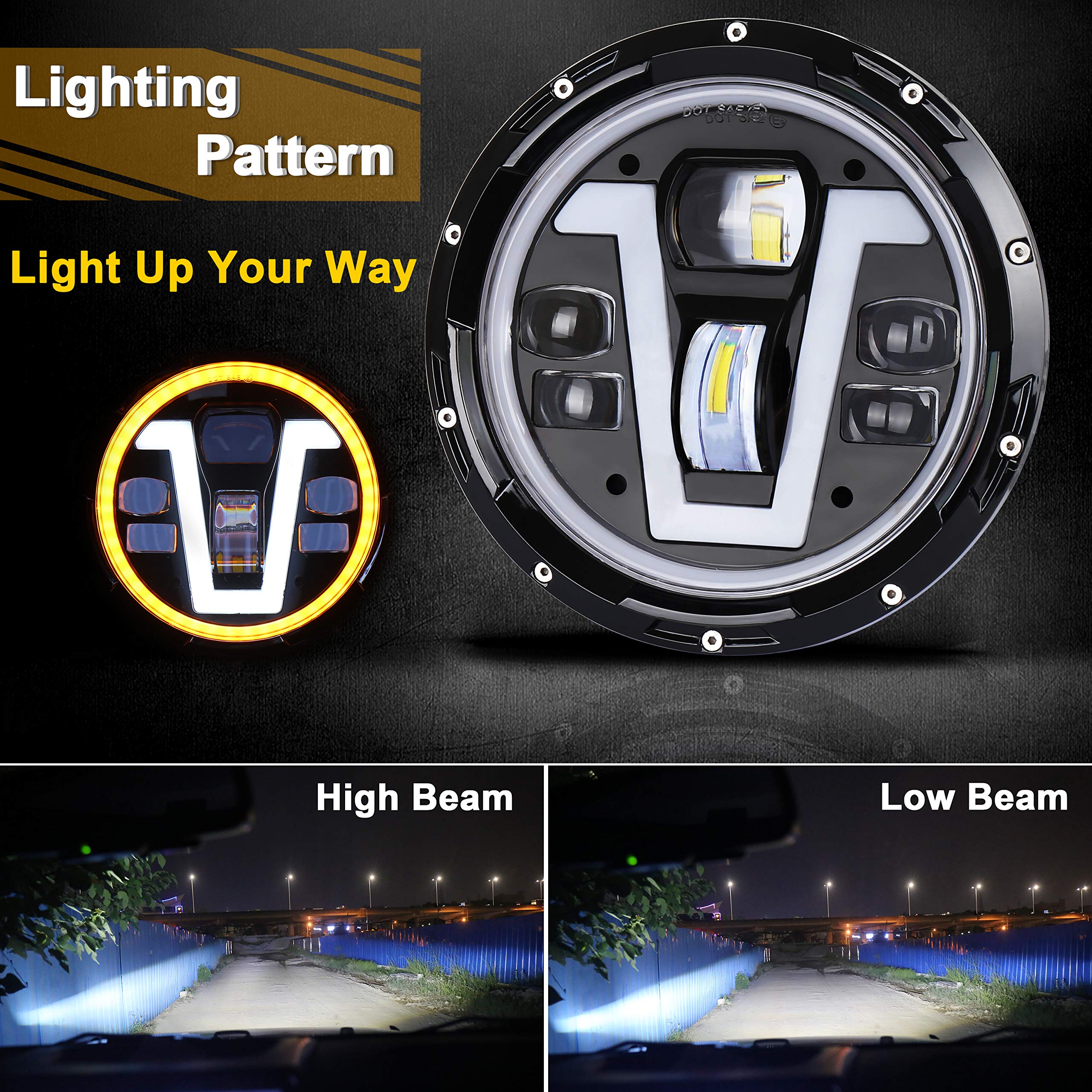 OVOTOR 7 Inch LED Headlights for Jeep Wrangler JK JKU TJ LJ CJ & Hummer H1 H2 - V-Shape White DRL with Amber Halo Turn Signal - Waterproof Off-Road Headlights for Night Driving & Adventure