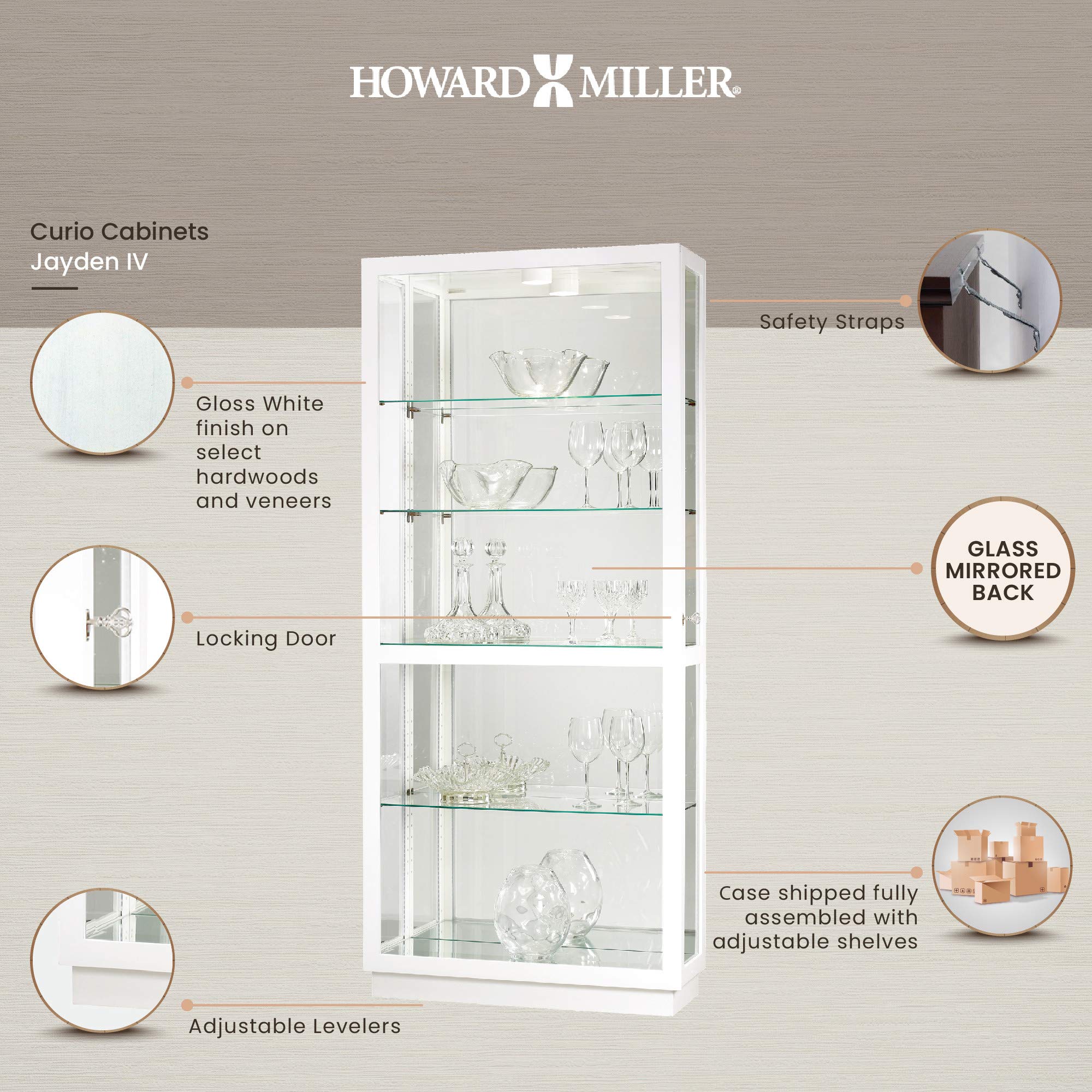 Howard Miller Jayden IV Curio Cabinet 680-574 - Hand-Rubbed Gloss White Finish Display Case with 4 Glass Shelves & 5-Level Storage, Locking Sliding Door & LED Lighting - Perfect for Home Decor, Collectibles Display, or Showcasing Antiques in Living Room, Dining Room, or Office