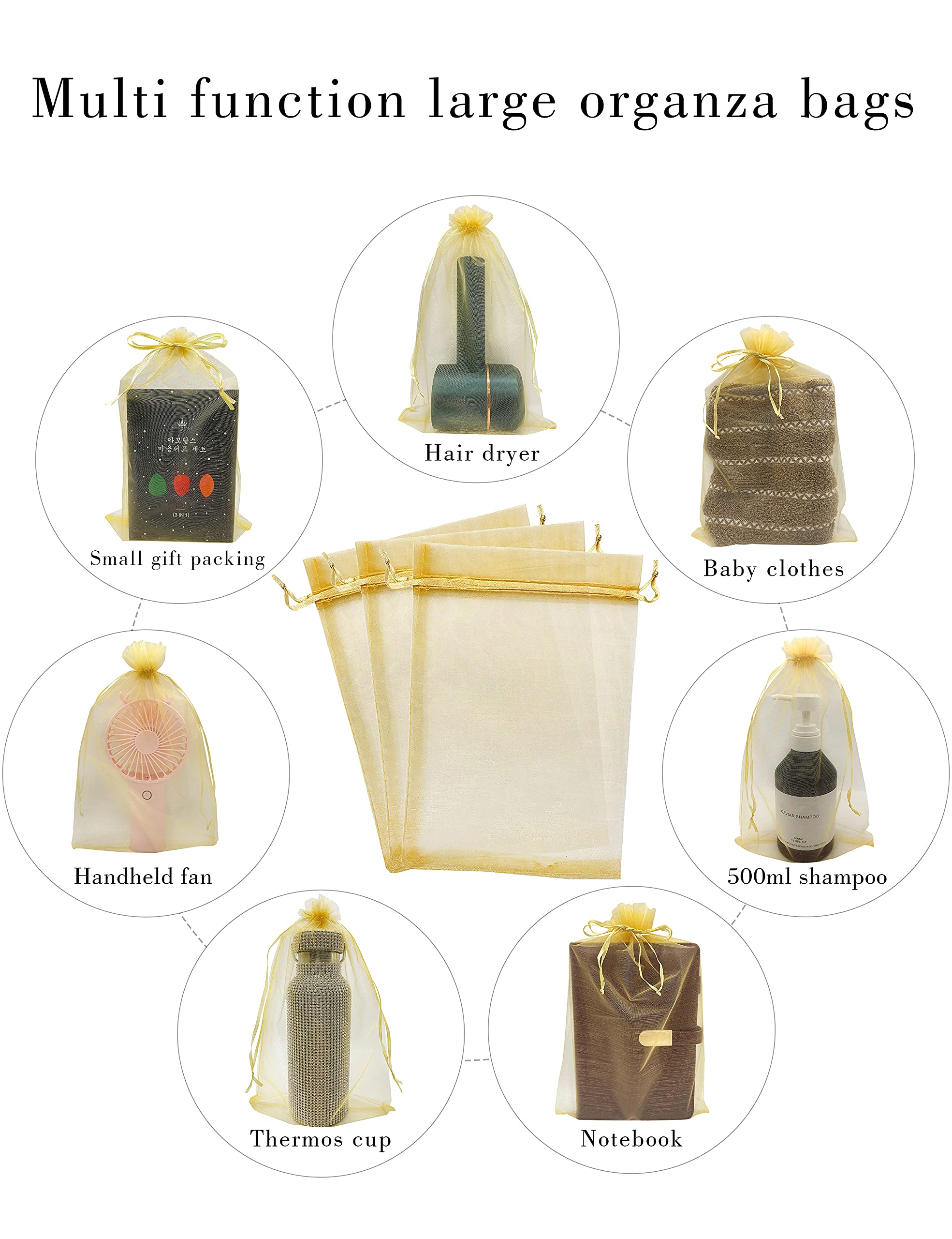 50pcs 8x12 Inch Gold Organza Drawstring Bags - Sheer Mesh Gift Pouches for Wedding Favors, Christmas Party, Baby Shower & Birthday Celebrations - Elegant Favor Bags for Jewelry, Candies & Small Gifts