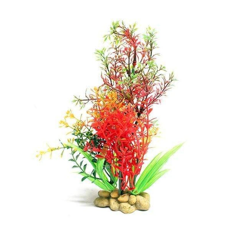 Aquatopia Artificial Green and Red Plants with Pebble Base - 20cm Tall Decorative Fake Plants for Home, Office, Aquarium, and Terrarium Decor