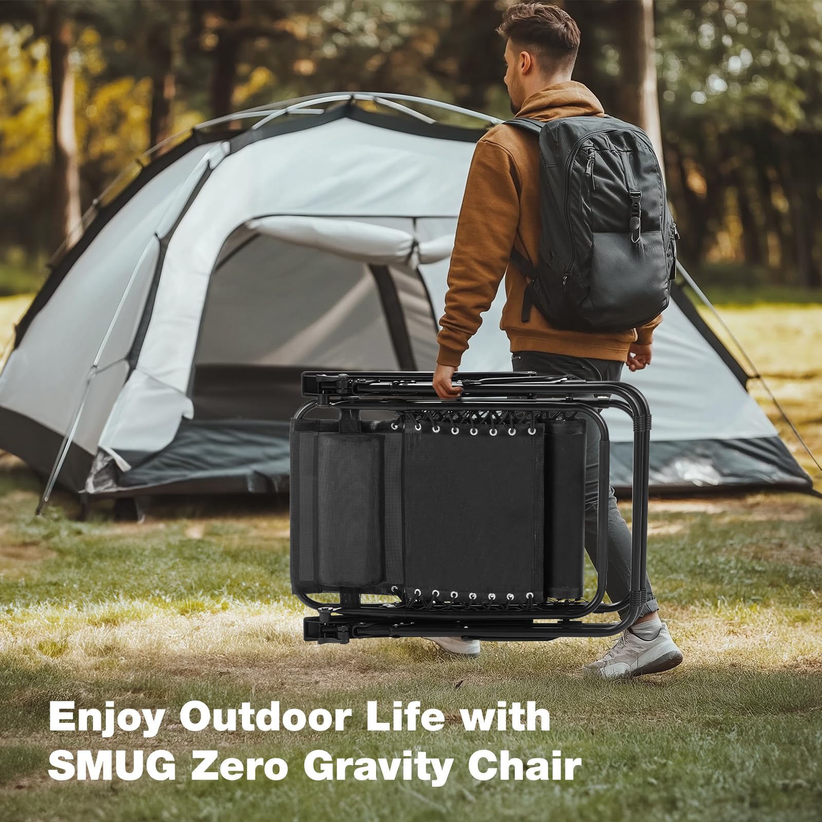 SMUG Folding Zero Gravity Lounge Chair Set of 2 - Portable Outdoor Reclining Camping Chairs with Adjustable Headrest & Cup Holders - Perfect for Patio, Garden, Lawn, Beach & Backyard Relaxation - Black