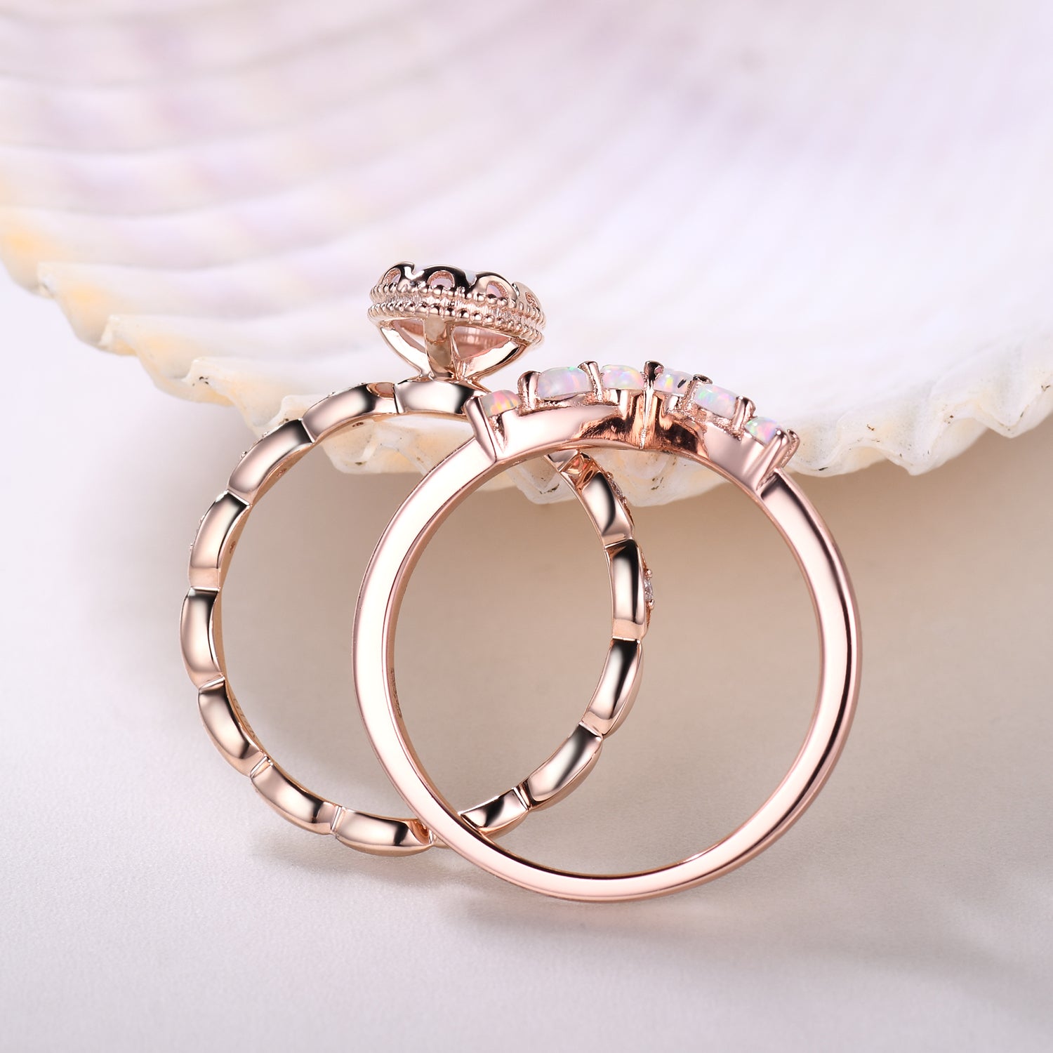 14K Rose Gold Oval Opal and Diamond Bridal Ring Set - Elegant Curved Wedding Band for Women, Perfect Anniversary Gift for Her | Ideal for Engagement, Wedding Ceremony & Romantic Occasions