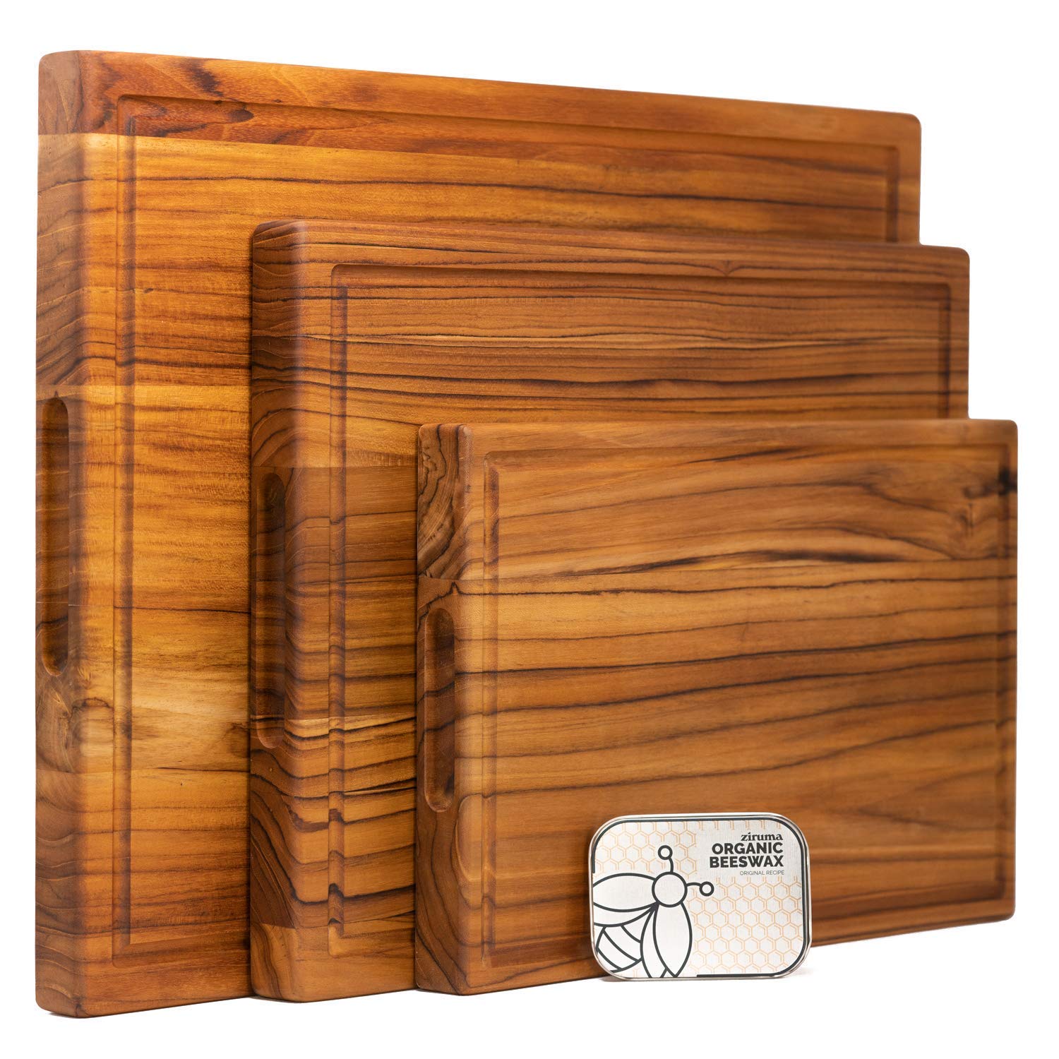 Premium Teak Wood Cutting Board Set of 3 - Large Natural Wood Chopping Board with Beeswax & Linseed Oil Finish - Includes Free Wood Moisturizer - Perfect for Kitchen Prep, Charcuterie Boards & Serving Dishes