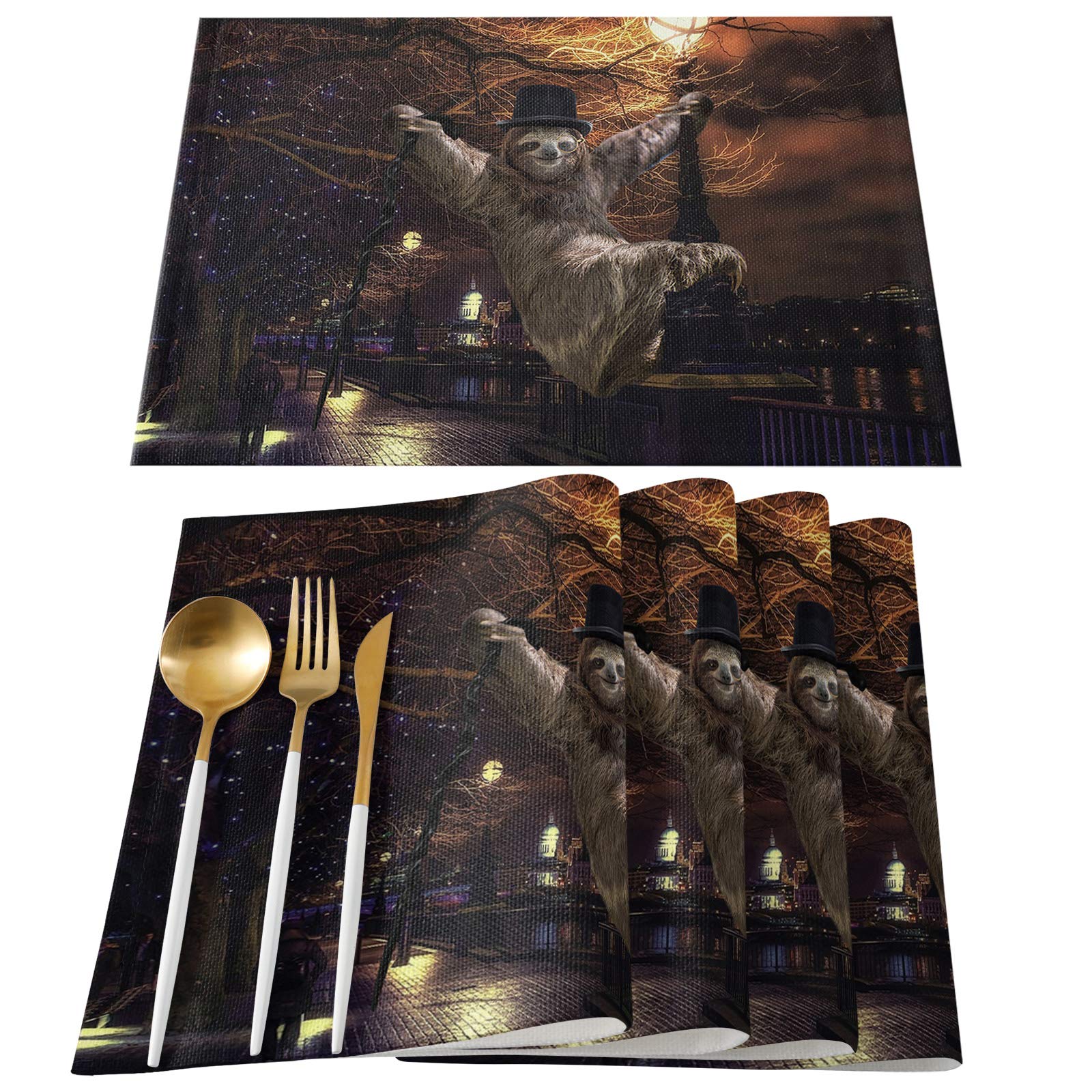 Premium Cotton Linen Placemats Set of 6 - Washable & Wipeable Table Mats for Dining Room & Kitchen - Funny Sloth Climbing Pole Singing Design - Perfect for Indoor/Outdoor Use, Dinner Parties & Daily Meals