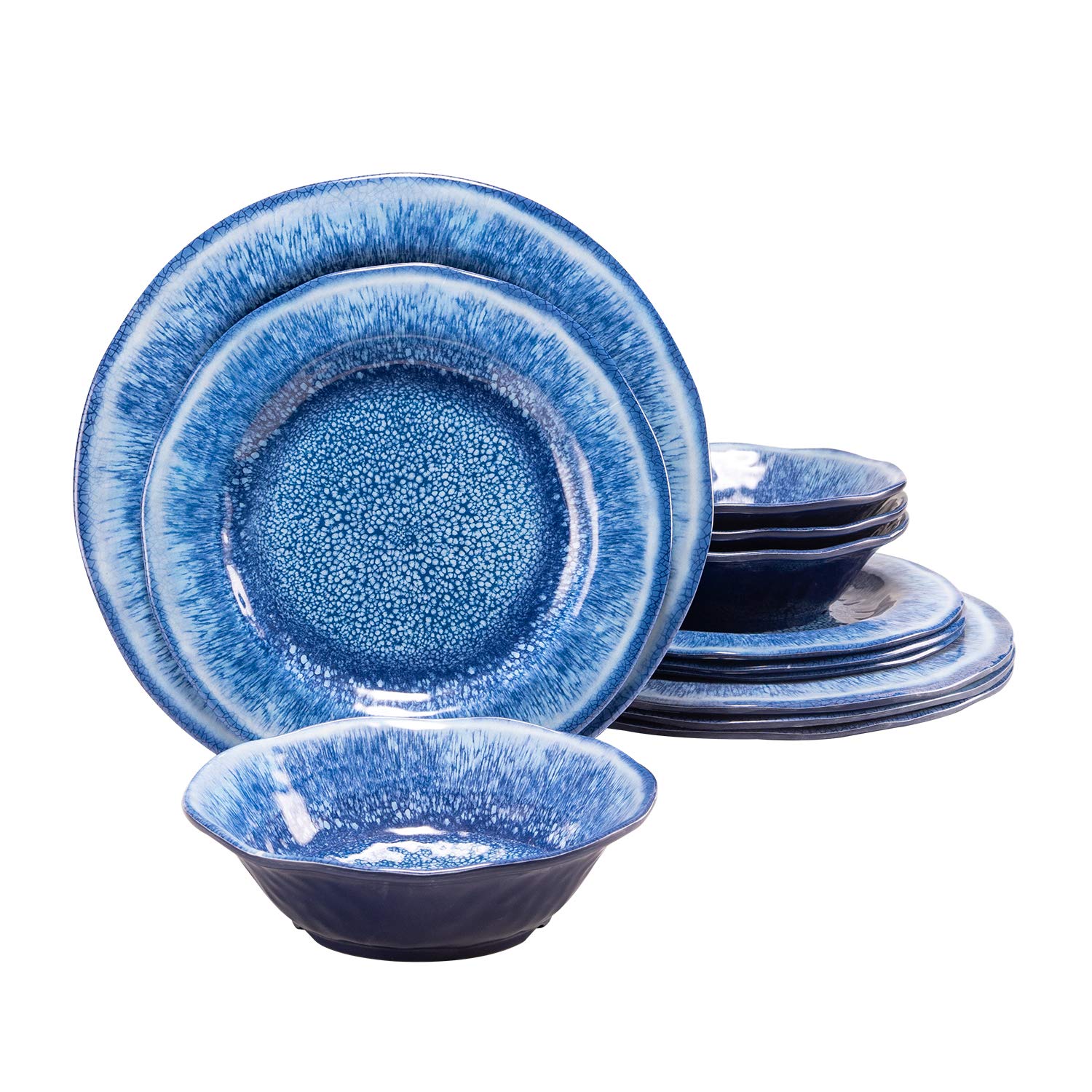 12-Piece Blue Melamine Dinnerware Set - Shatterproof, Dishwasher Safe Plates & Bowls - Perfect for Indoor Dining, Outdoor Picnics, Camping & Parties