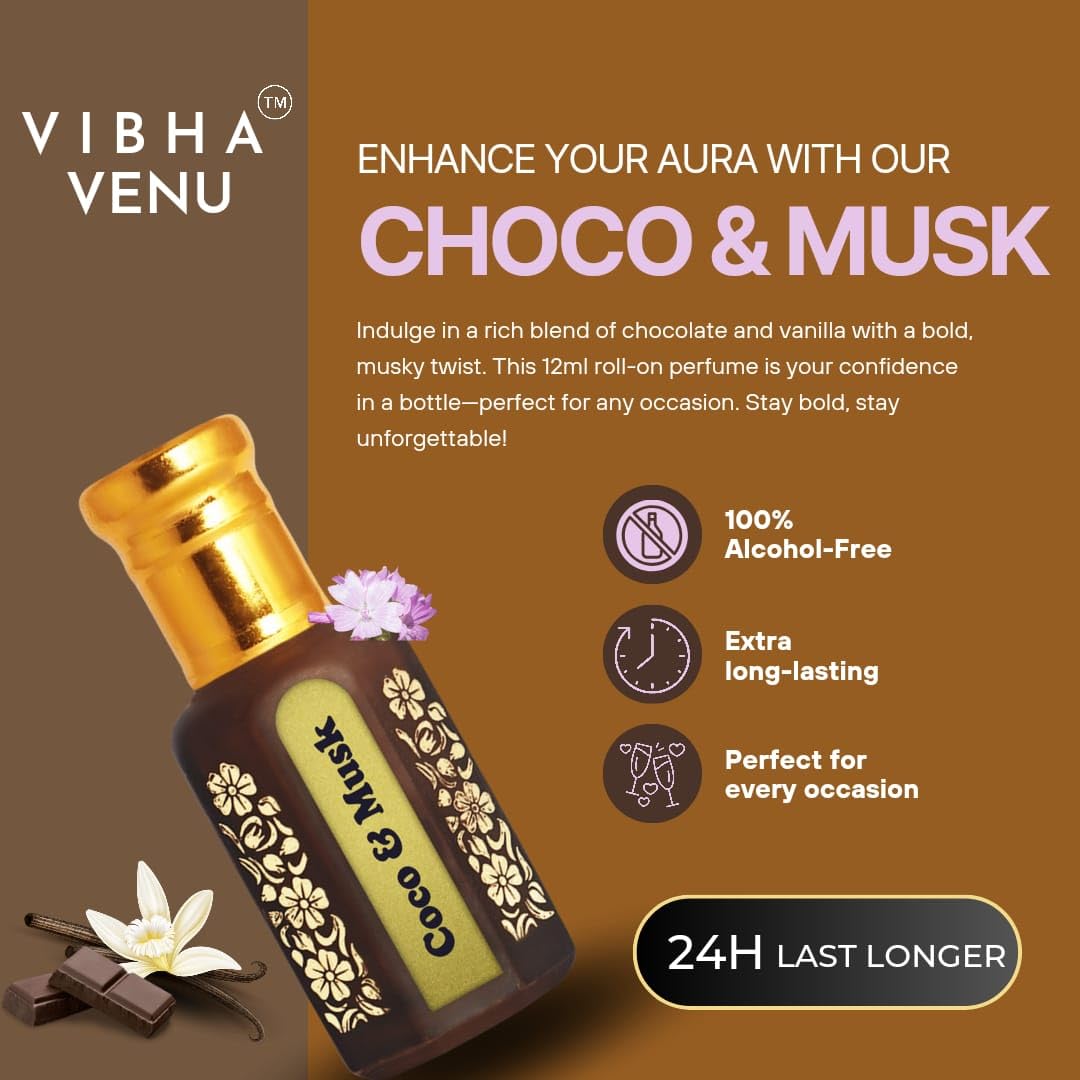 Vibha Venu Coco & Musk Luxury Chocolate Attar Perfume Oil for Women & Men - Long Lasting, Alcohol-Free Roll On (12ml) - Perfect for Date Night, Special Occasions & Daily Wear