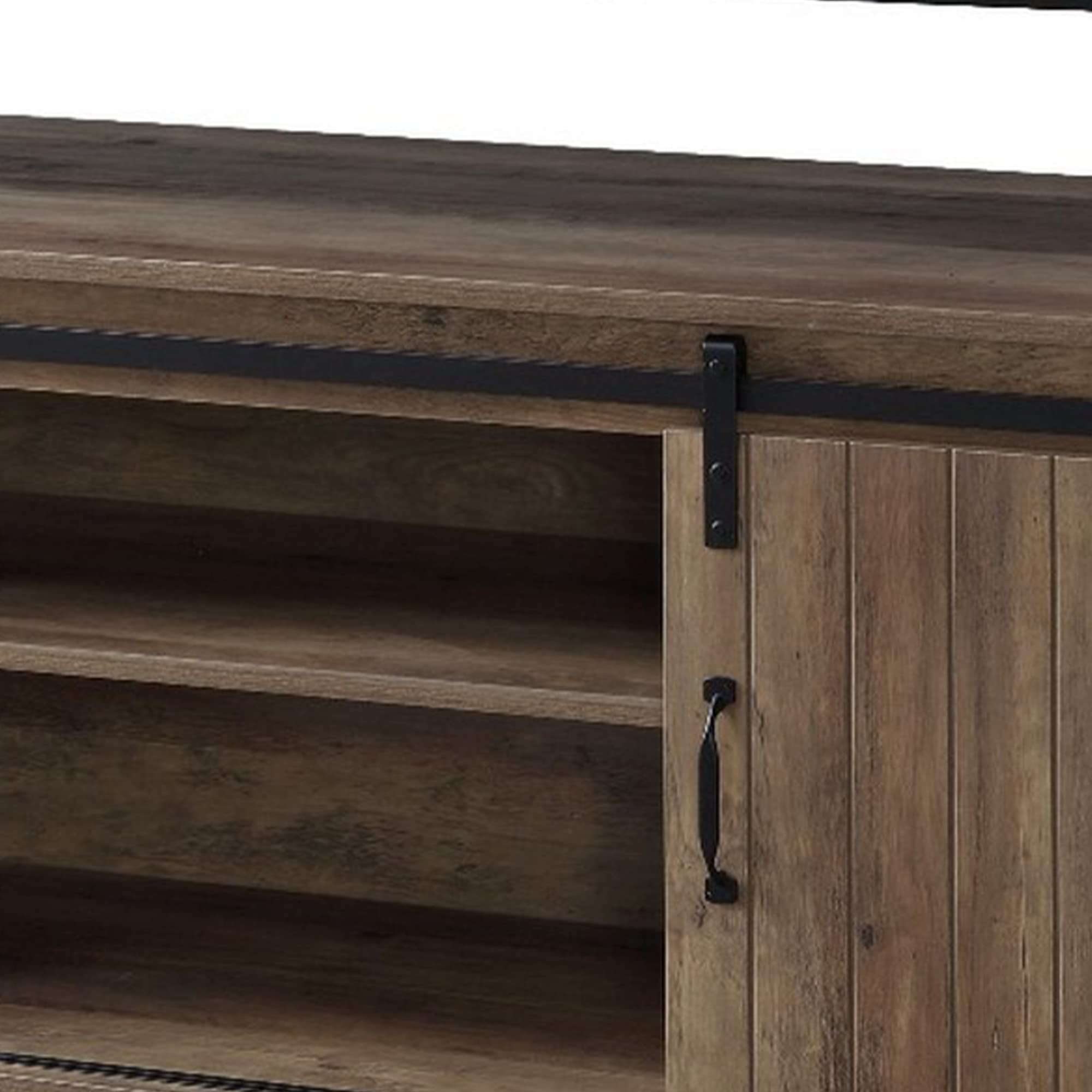 Benzara BM262160 Oak Brown TV Stand with 2 Sliding Barn Doors & Tubular Frame - Modern Farmhouse Entertainment Center for Living Room, Bedroom, or Home Theater