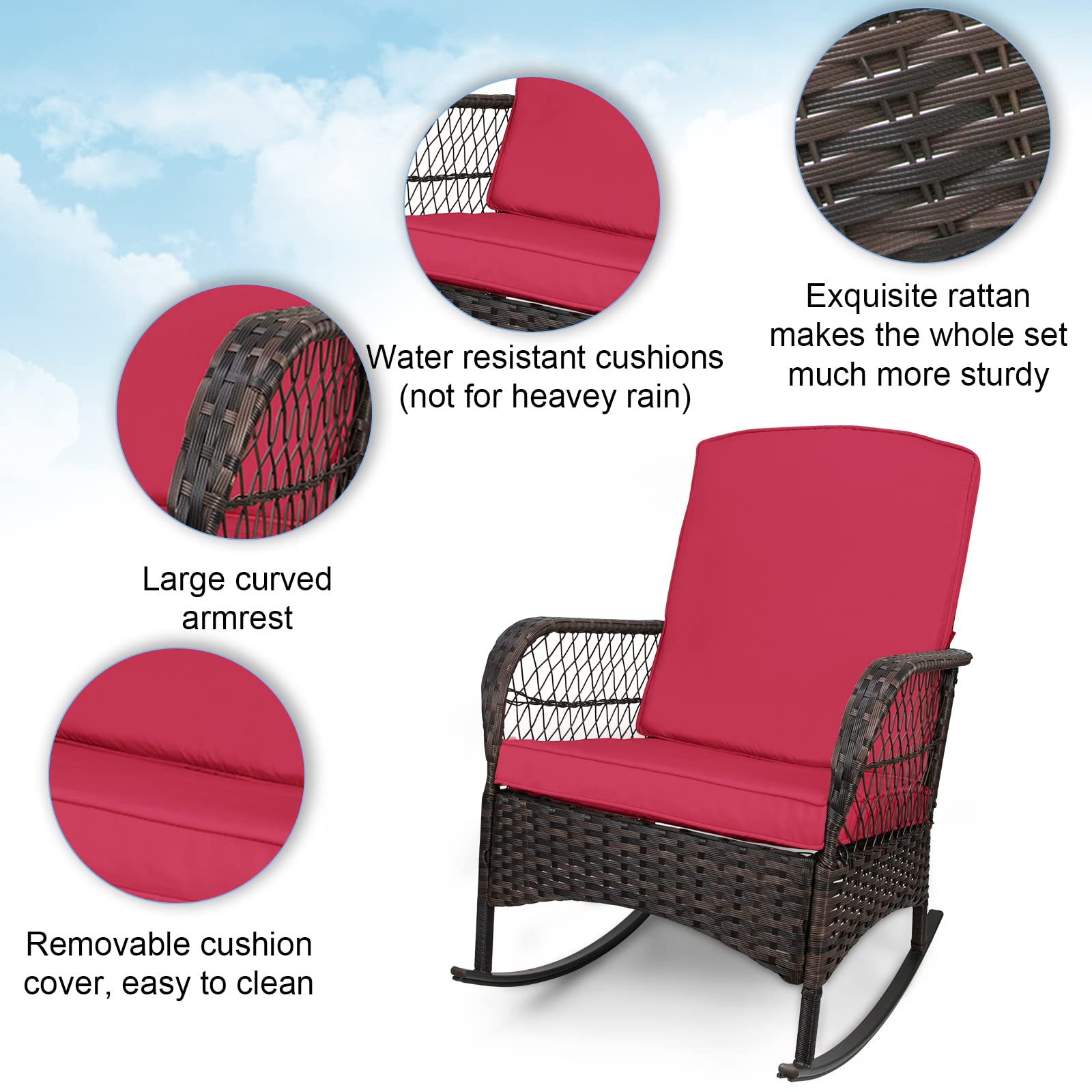 LEVELEVE 3-Piece Red PE Wicker Outdoor Rocking Bistro Set - Patio Conversation Chairs for Garden, Porch & Backyard Relaxation